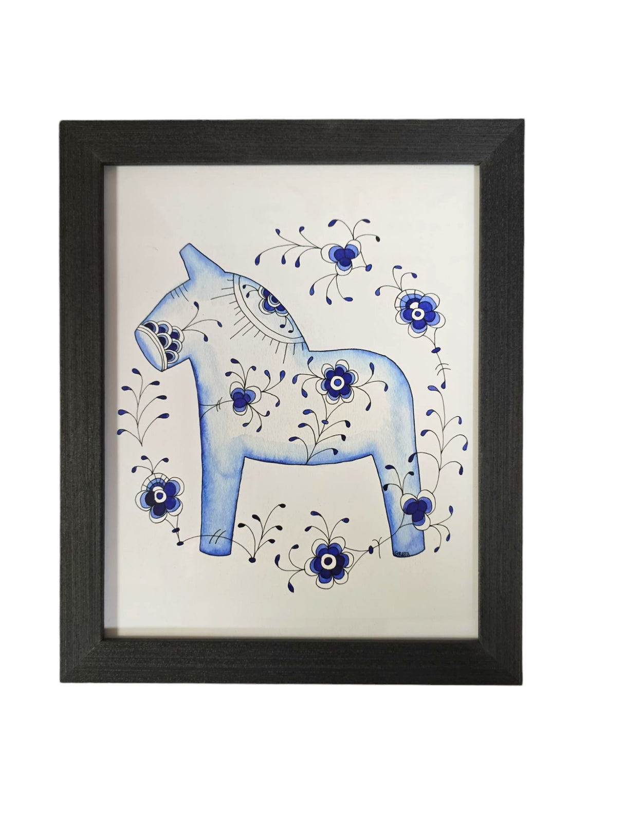 The "Blue Horse" Blue Fluted 8x10 print by Greta Lann features a decorative Dala horse with blue patterns and flowers on a crisp white background.