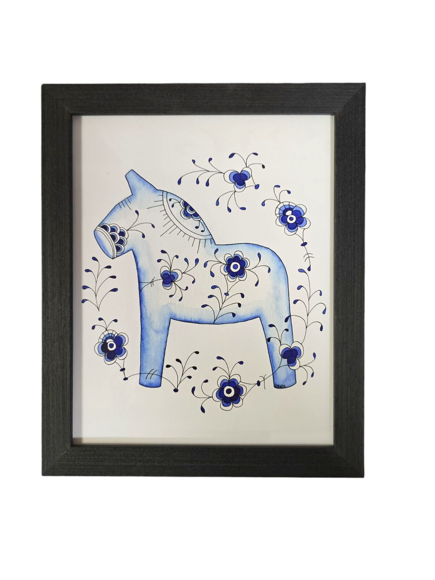 The Blue Horse Blue Fluted artwork by Greta Lann features a blue Dala Horse with decorative patterns, surrounded by blue flowers on a white background, beautifully capturing the essence of this cherished Swedish symbol.