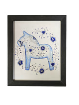 The "Blue Horse" Blue Fluted 8x10 print by Greta Lann features a decorative Dala horse with blue patterns and flowers on a crisp white background.
