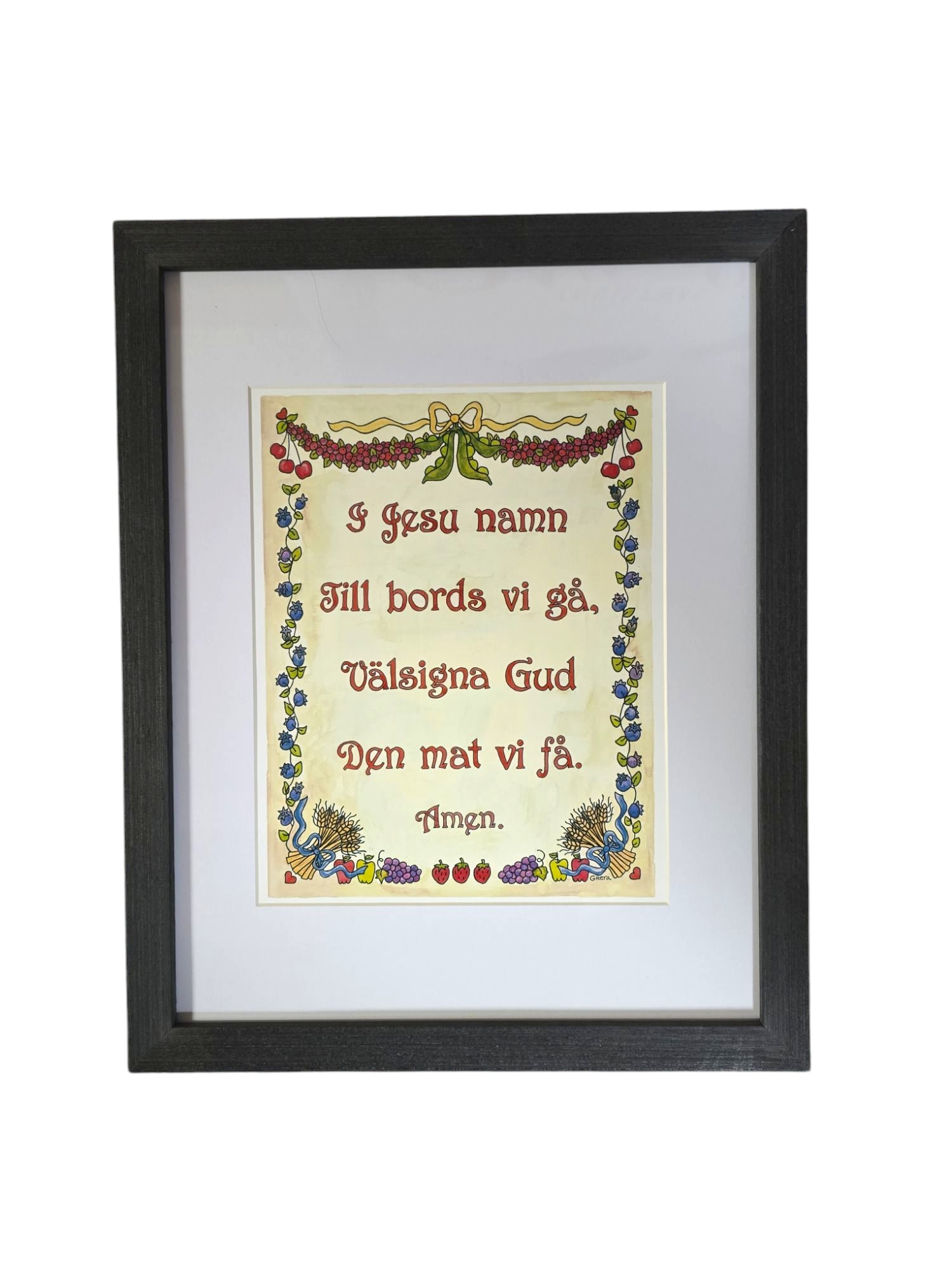 The I Jusu Namn by Greta Lann is a framed Swedish prayer print adorned with fruit and floral motifs, making it a unique addition to any art collection.