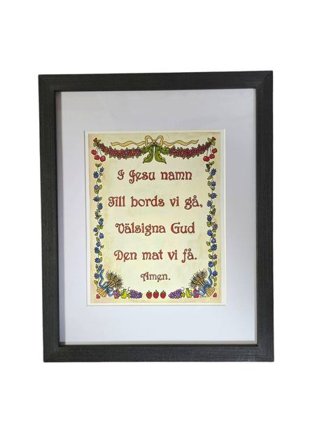 Artwork: "I Jesu Namn" Swedish Table Prayer by Greta Lann (8x10) features the prayer with vibrant, fruit and floral designs inspired by the artist.