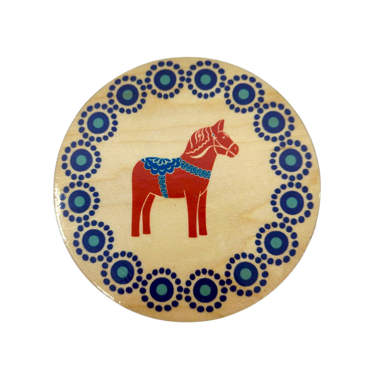 The Birch Red Dala Horse Coaster showcases a charming wooden circular design with a classic Red Dala Horse, blue saddle, and intricate blue circles, ideal as birch coasters from the Swedish Gift Store.