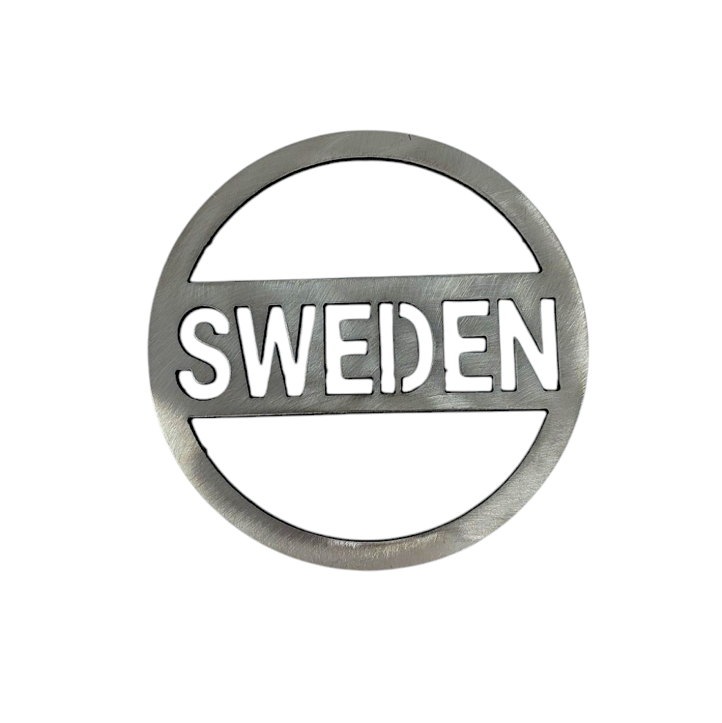 The Sweden Steel Trivet is a round metallic badge made from thick steel, showcasing SWEDEN cut out in capital letters across the center.