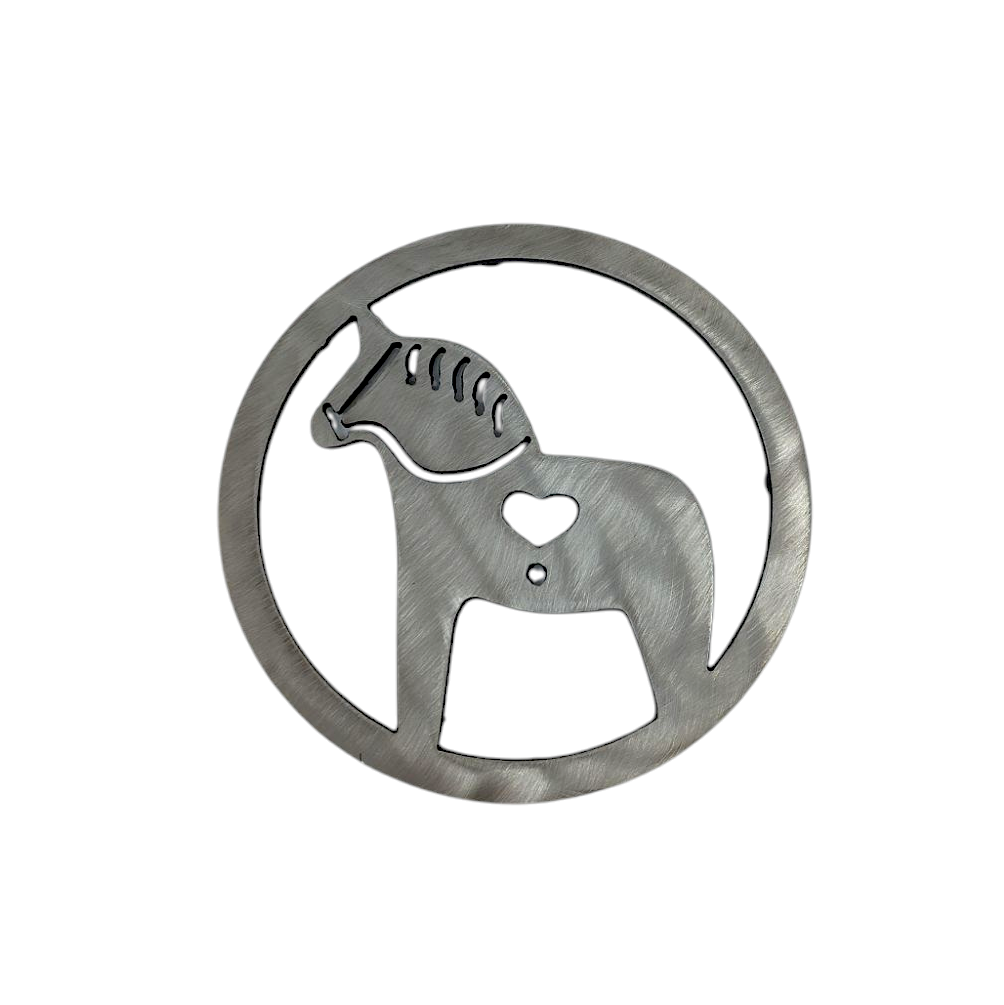 Heavy-duty metal trivet featuring a cut-out Dala horse with a heart design on its side, ideal as the Trivet: Dala Horse Steel Trivet.