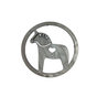 Heavy-duty metal trivet featuring a cut-out Dala horse with a heart design on its side, ideal as the Trivet: Dala Horse Steel Trivet.