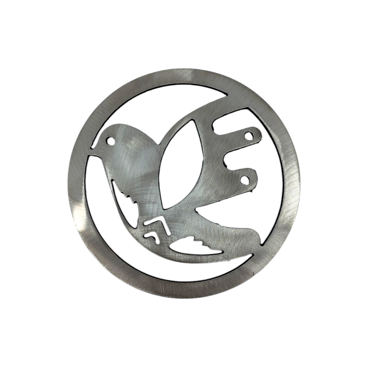 The Steel Bird Trivet is a metal cutout of a bird inside a circle, crafted from thick steel with smooth edges and a brushed texture, adding industrial elegance to any setting.