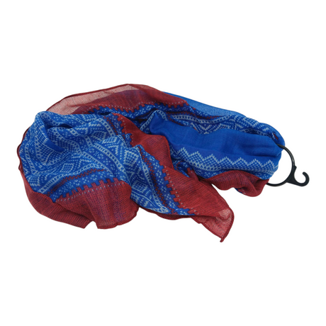 The Scarf: Marius Blue & Red Scandinavian Design Scarf features a geometric Norwegian pattern in blue and maroon, shown on a white background with a black hook attached at one end.