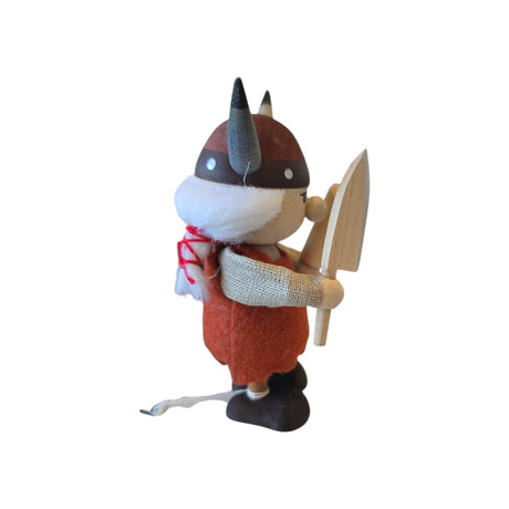 Viking gnome figurine wearing a horned helmet and holding a wooden shield.