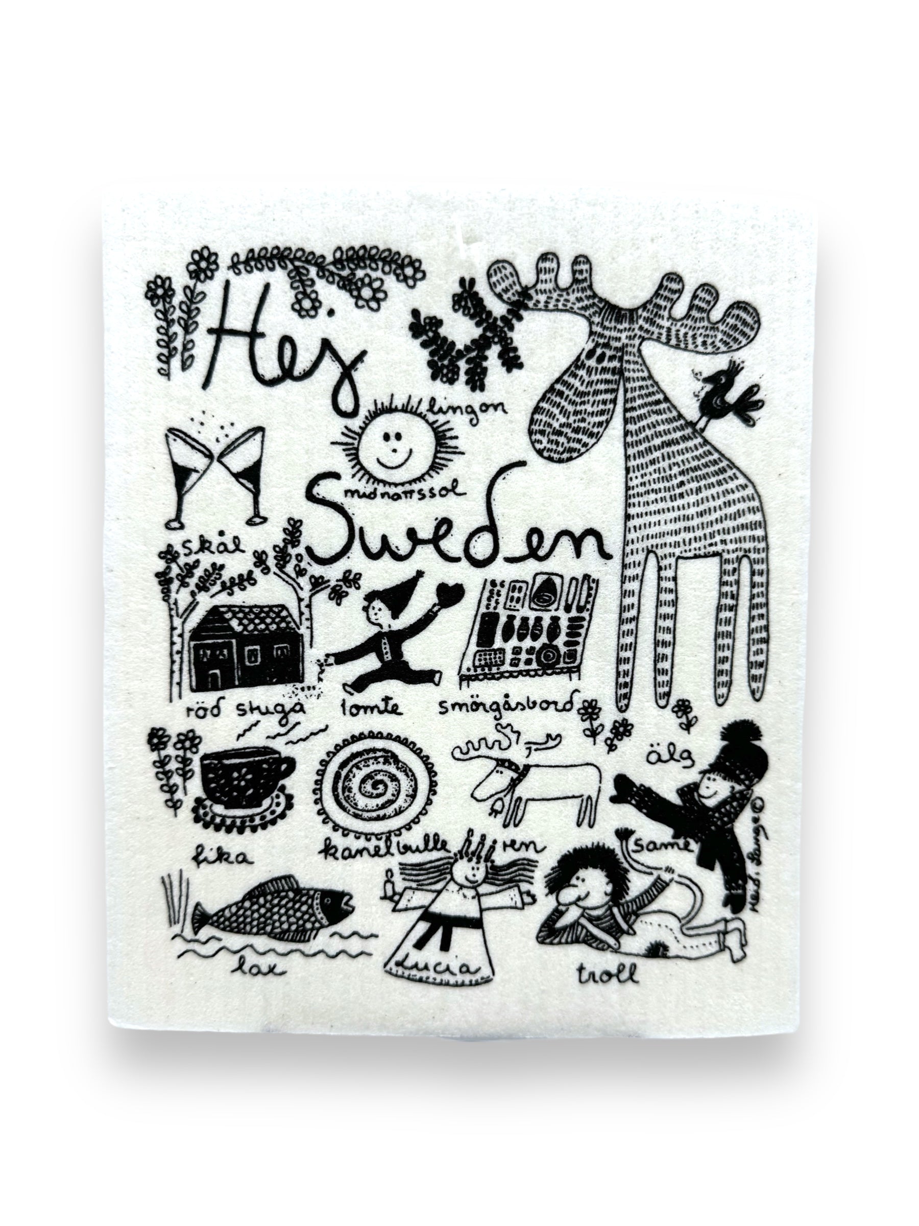 The Dish Cloth: Hej Sweden features Heidi Langes black and white illustrations of Swedish icons like moose, houses, food, traditional items, and the text Hej Sweden.