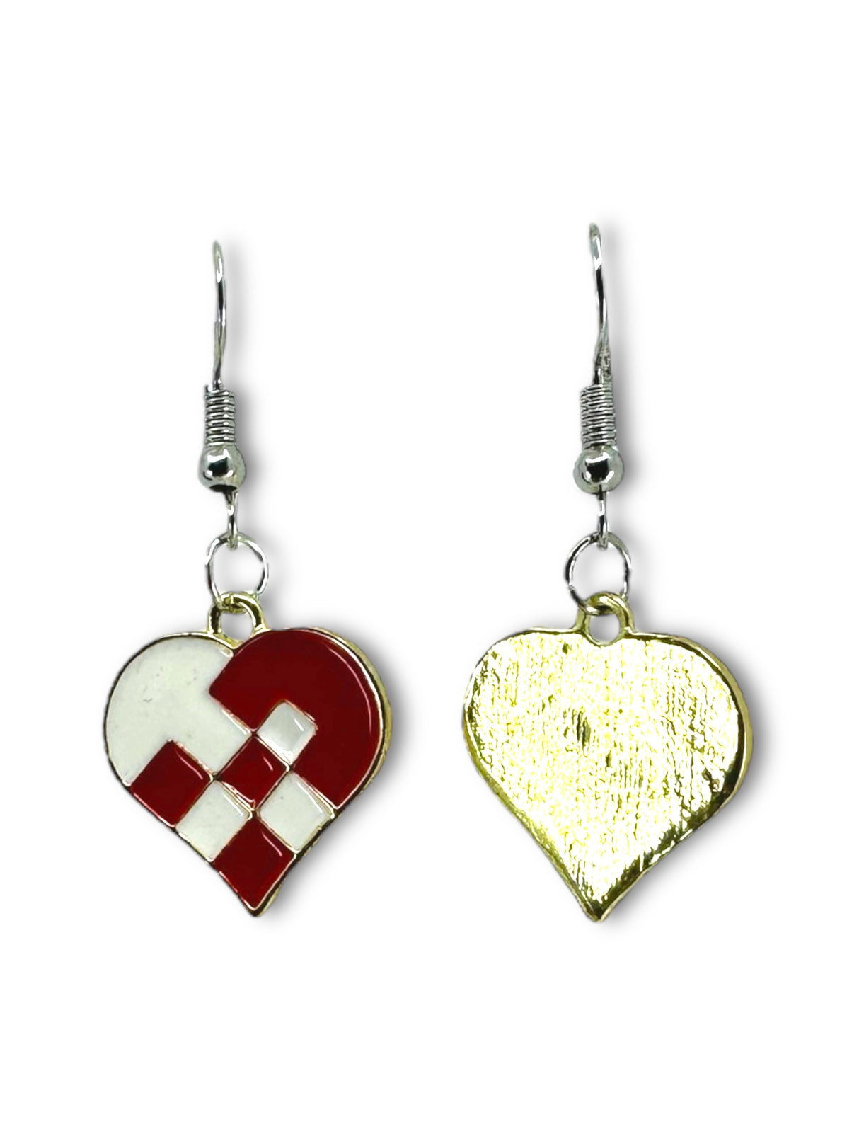 The Earrings: Danish Braided Heart Earrings feature heart-shaped dangles—one with red and white enameled metal in Danish flag colors, the other with a plain gold textured finish.