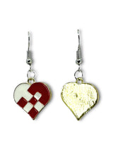 The Earrings: Danish Braided Heart Earrings feature heart-shaped dangles—one with red and white enameled metal in Danish flag colors, the other with a plain gold textured finish.