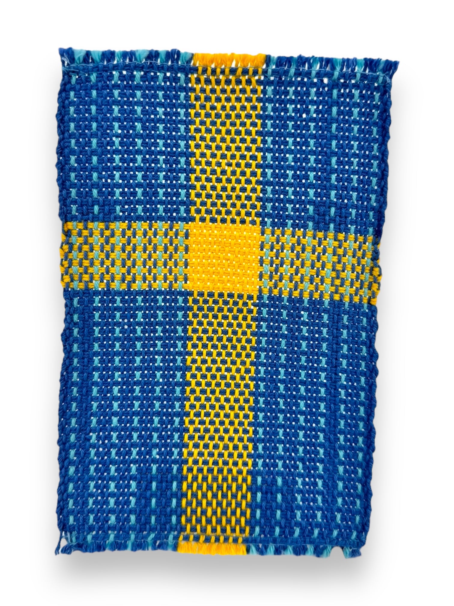 A hand-woven textile sample featuring a checkered pattern of blue and yellow shades, reminiscent of the "Coaster: Sweden Flag (6.5"x4")", with a blend of various hues.