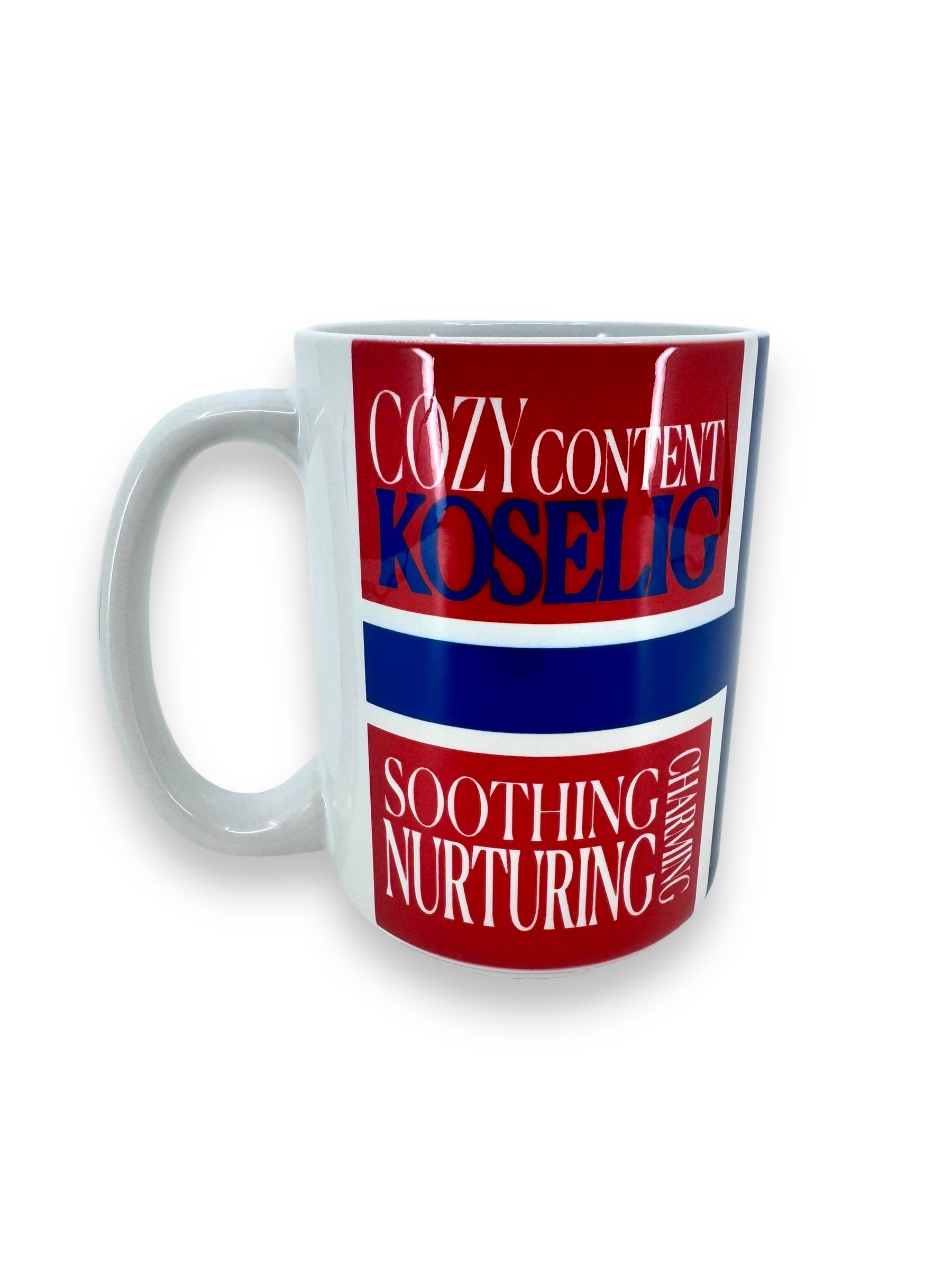 The "Koselig" Scandinavian ceramic mug (15oz) includes red and blue sections adorned with the words: Cozy, Content, Koselig, Soothing, Nurturing, and Charming.