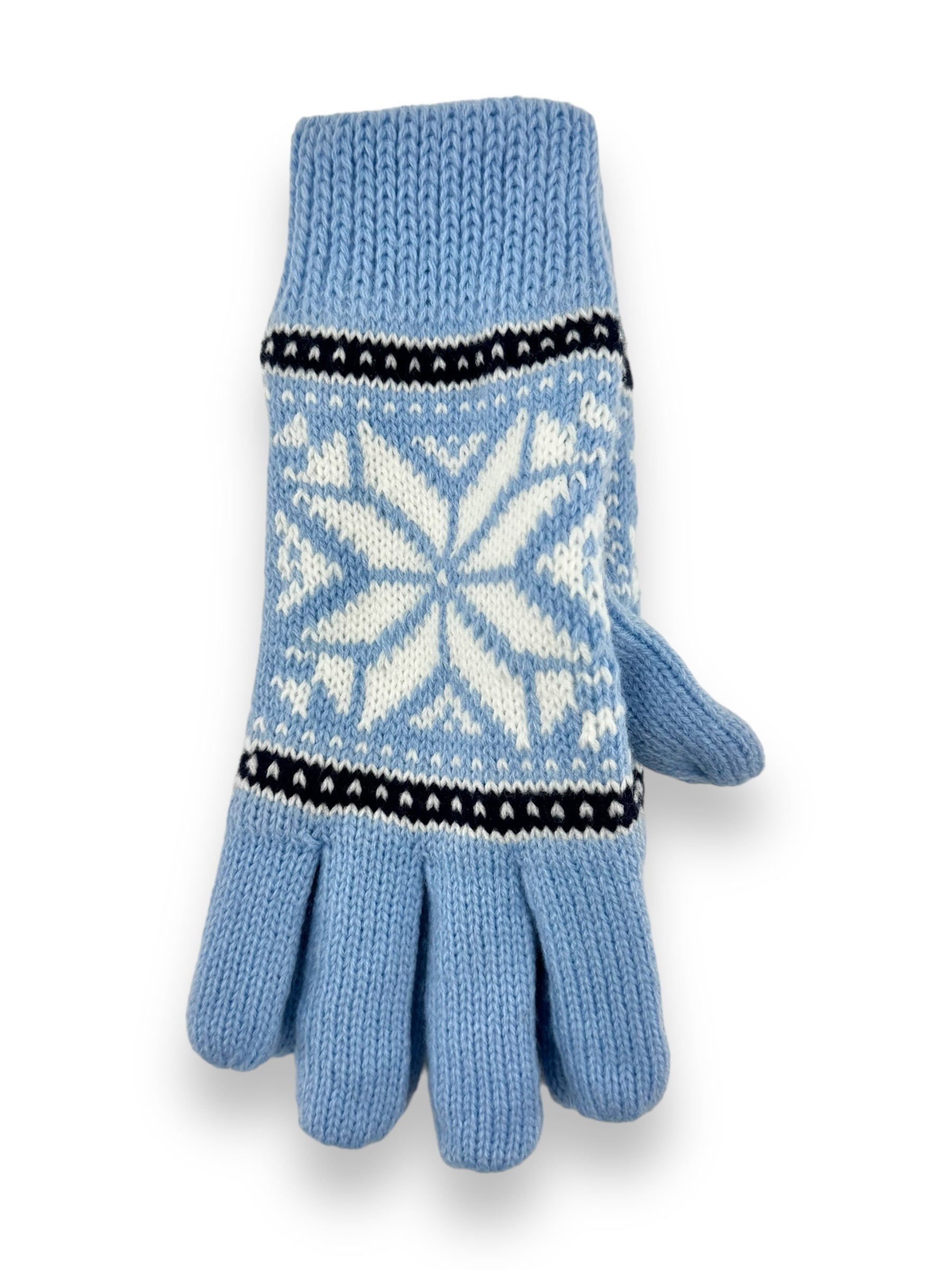 A single light blue mitten featuring white stars, perfect for adult women's rock expeditions.