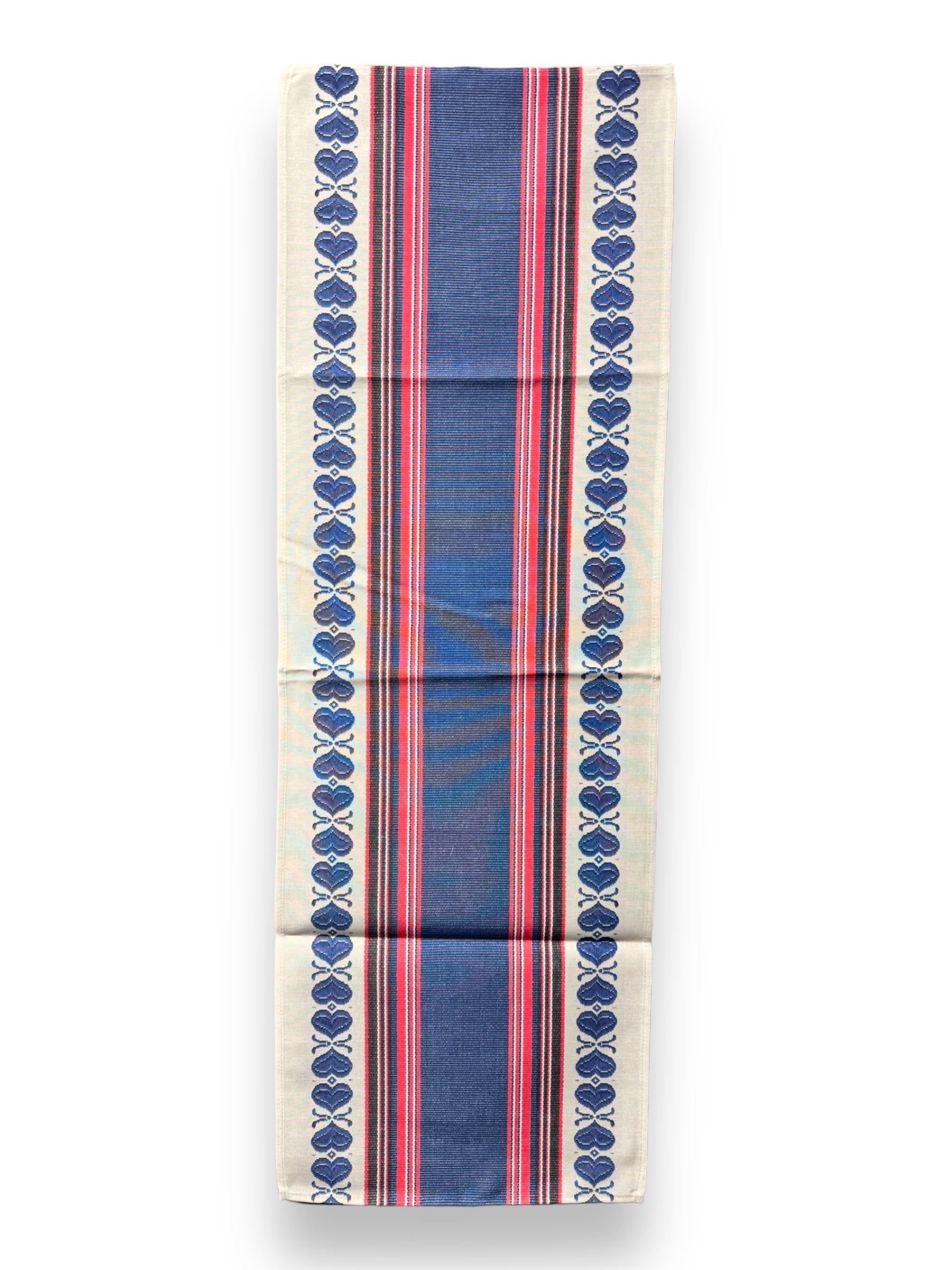 Introducing the Runner: Hearts Blue 36", featuring a rectangular woven fabric design with a central blue stripe, flanked by red stripes and adorned with patterned borders against a white background.