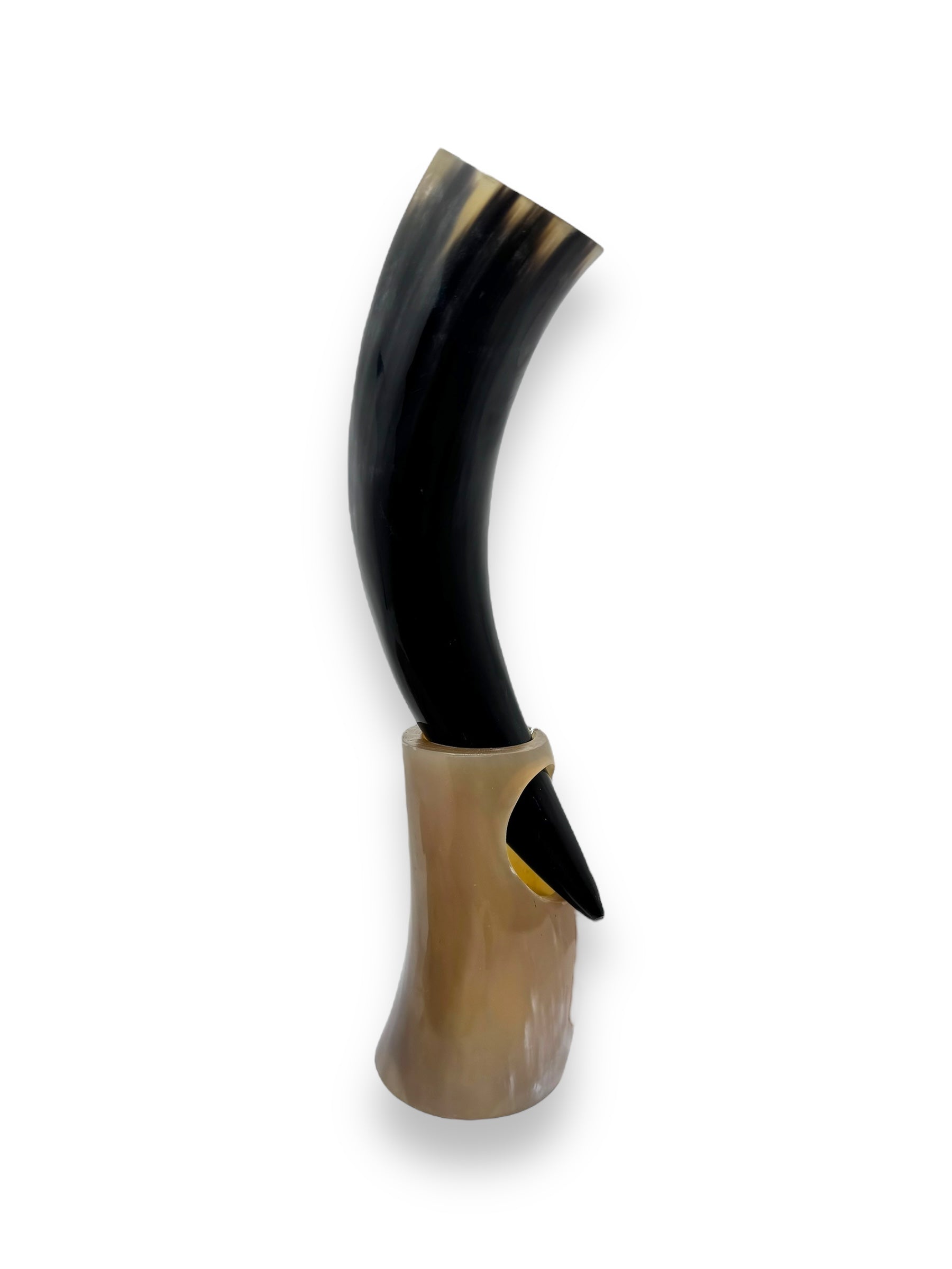 The product, named "Horn: Viking Drinking Horn w/ Horn Holder," is a sleek, 9-inch polished Viking drinking horn featuring an elegant curved design, artfully displayed on its complementary horn holder against a white background.