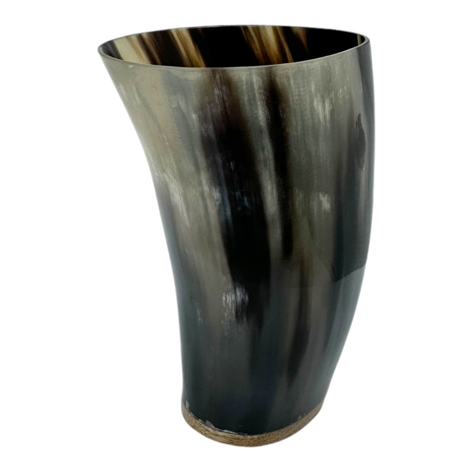 The Horn: Viking Drinking Horn Cup features a distinctively curved design with a sleek, glossy finish showcasing natural dark and light patterns, evoking the appearance of a traditional Viking horn.