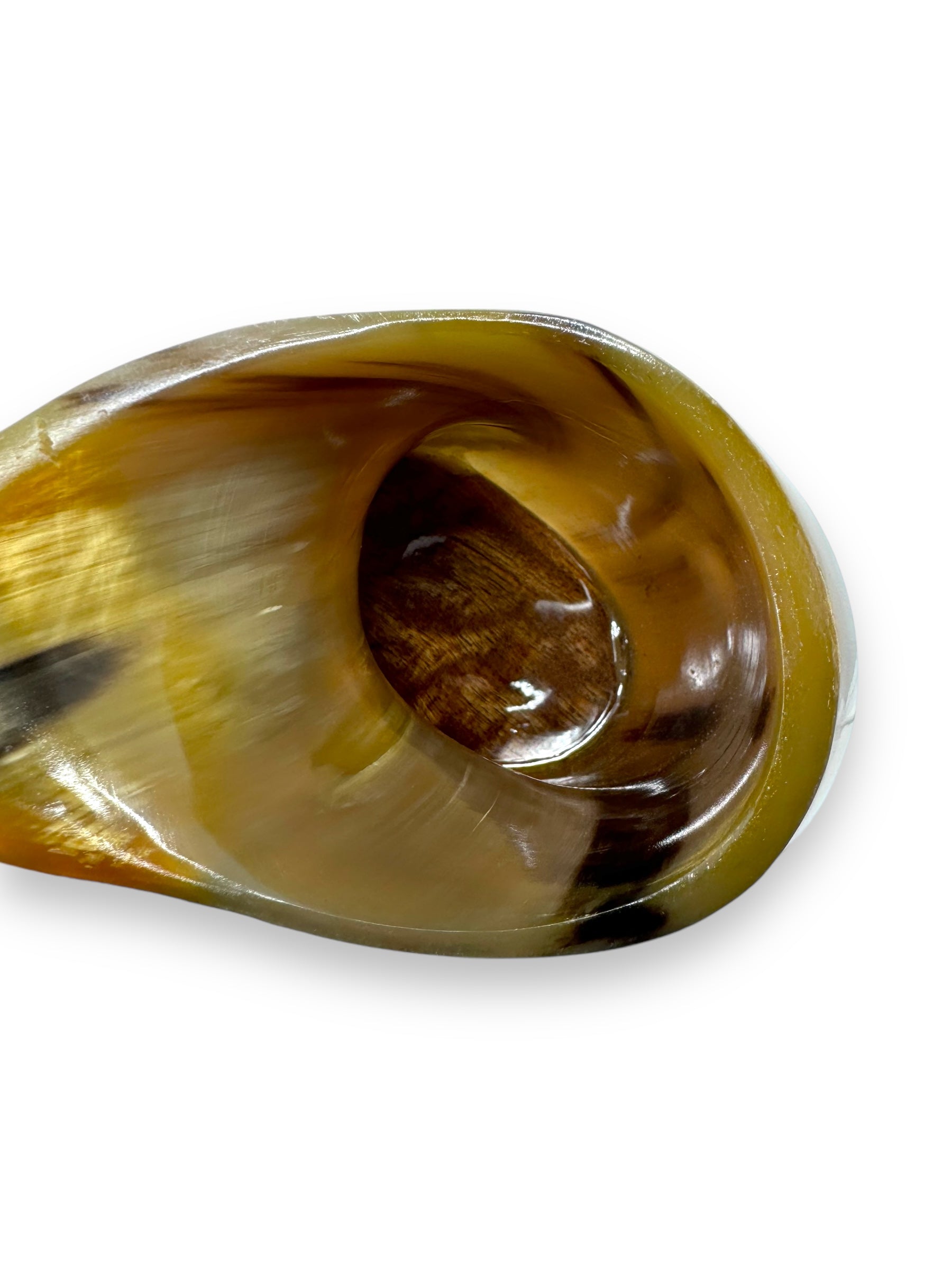 Close-up of a glossy, brown and amber swirl-patterned Viking Drinking Horn Beer Mug, with a smooth finish against a white background.