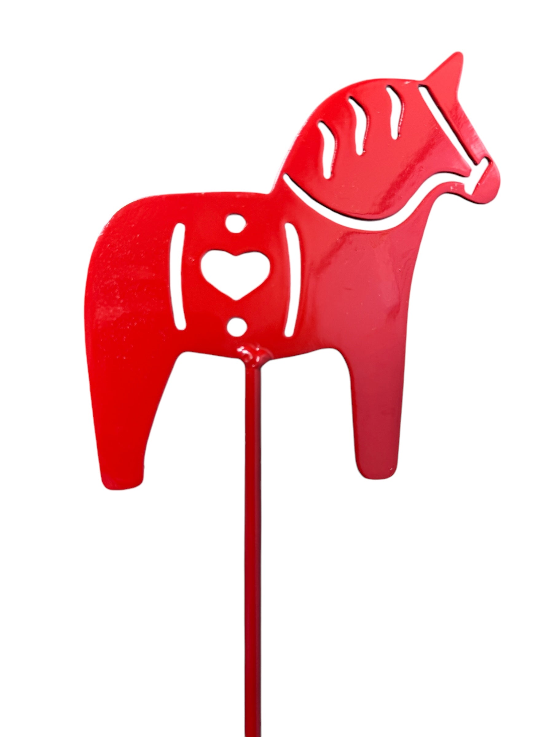 The Garden Stake: Dala Horse stands elegantly with a heart design cutout on its red metal body, ready to enhance any décor.