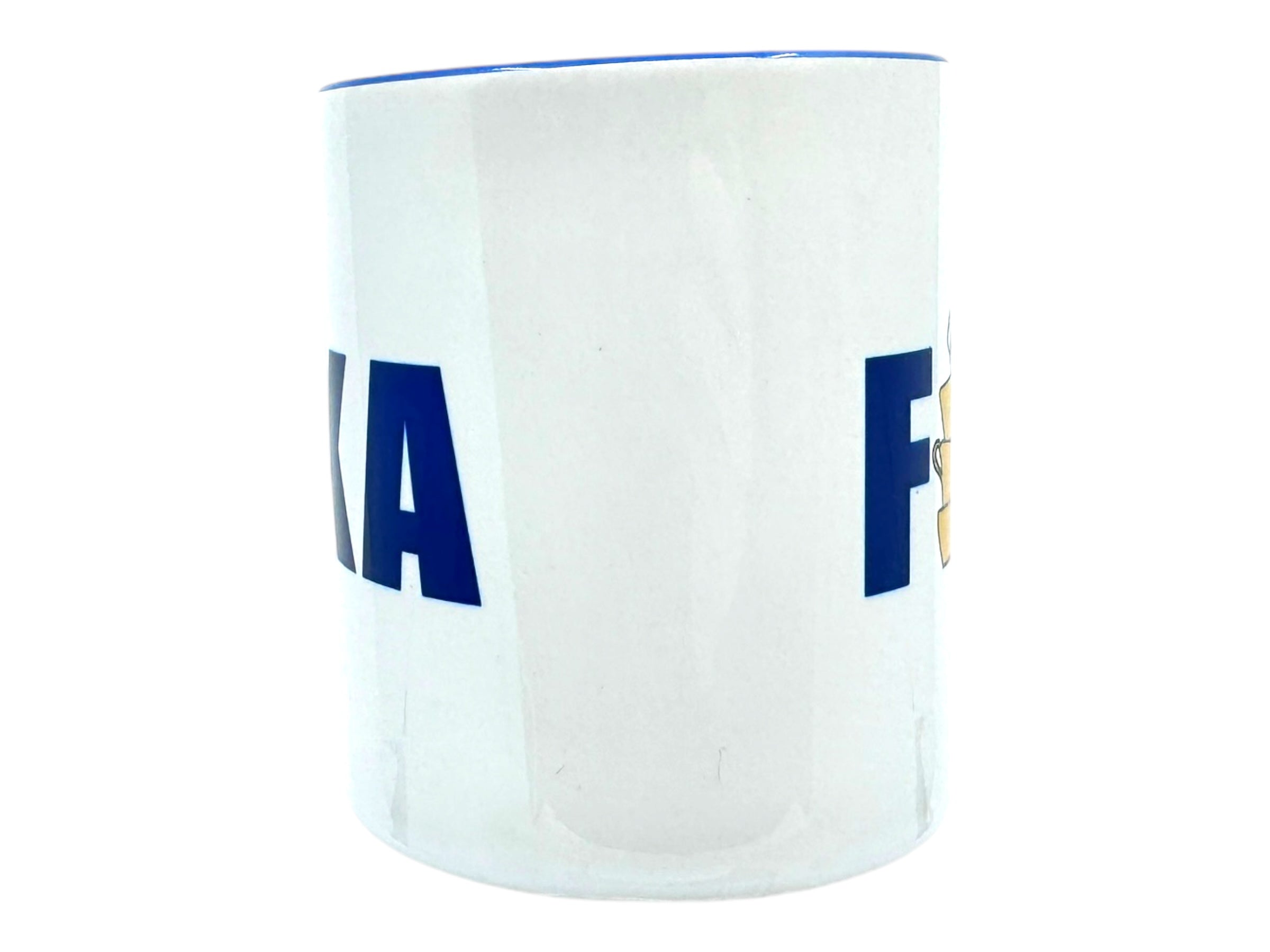 The 11oz Stacked Fika mug features white ceramic with partially visible blue and gold text, evoking the cozy Swedish tradition.