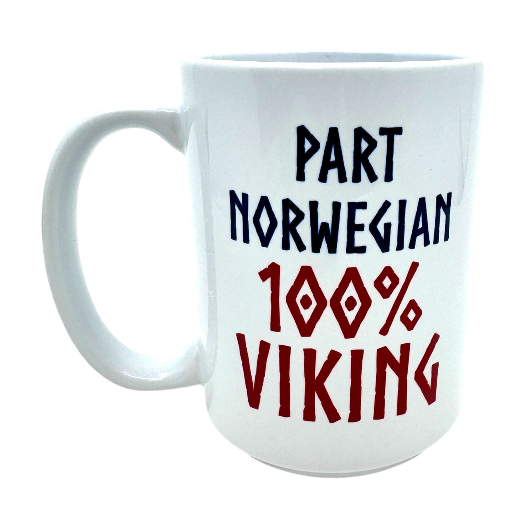 This durable 15oz mug, labeled as "Part Norwegian 100% Viking," boasts bold blue and red text and a touch of Norwegian gnome charm. It's also dishwasher safe for convenient cleaning.