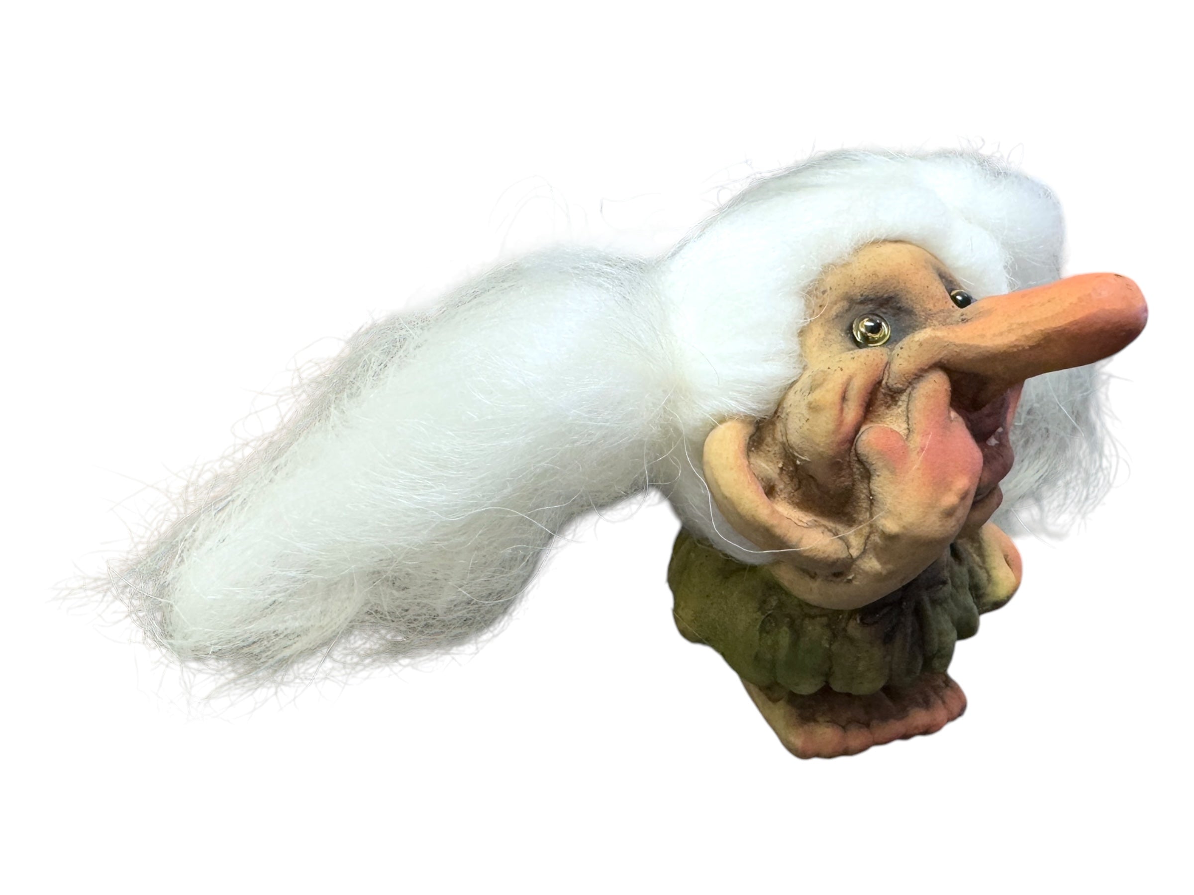 The Troll: NyForm - Troll Girl Picking Her Nose figurine, a collector's item that highlights Norwegian design, boasts long white hair, a large nose, and wrinkled features, all enhanced by its green tunic.