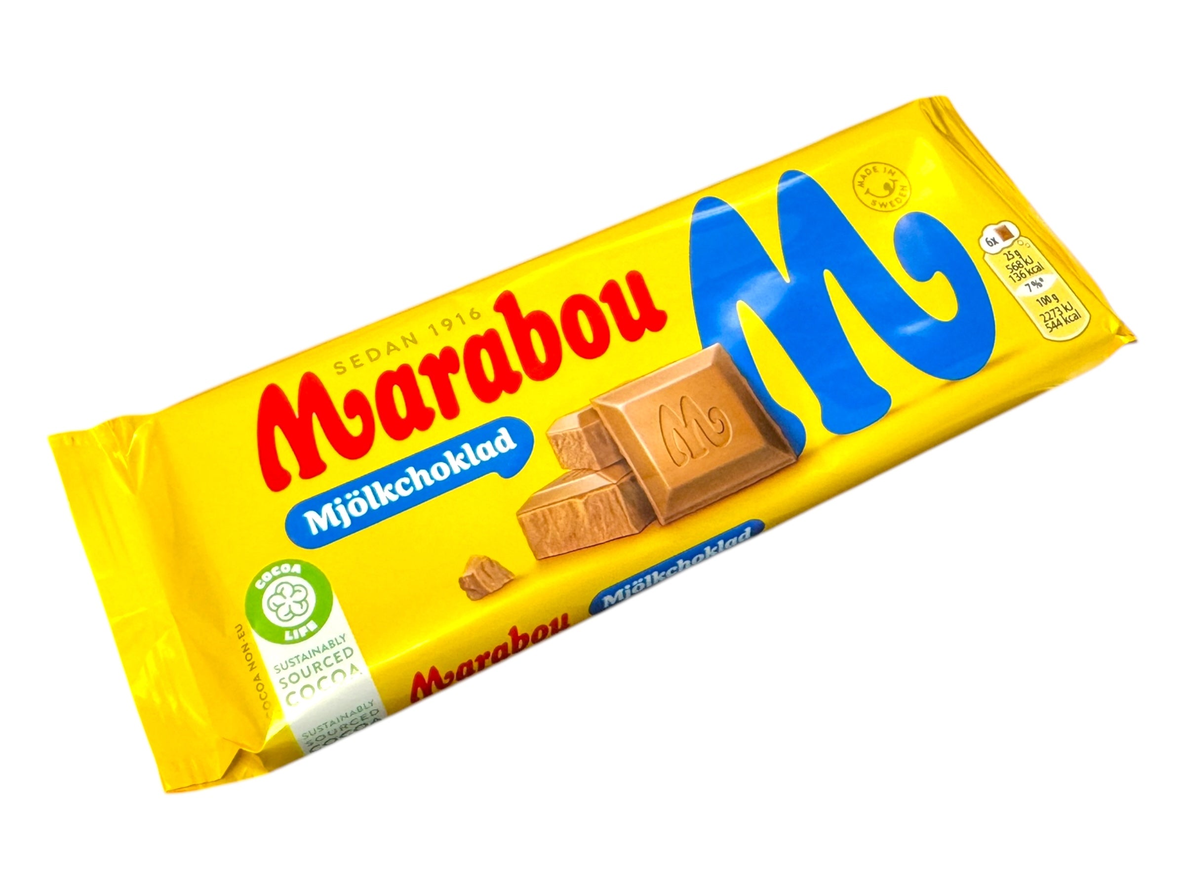 A yellow wrapper of Marabou - Original Milk Chocolate (100g) showcases a big blue M along with a piece of the milk chocolate bar.