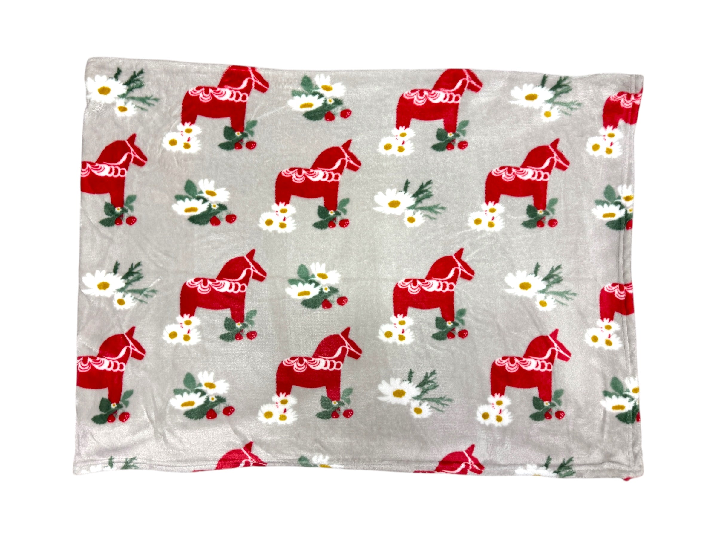 The Blanket: Fleece Red Dala Horse, Beige/Light Gray features red Dala horses and white flowers with yellow centers on a light gray background, bringing cozy Scandinavian charm to your home.