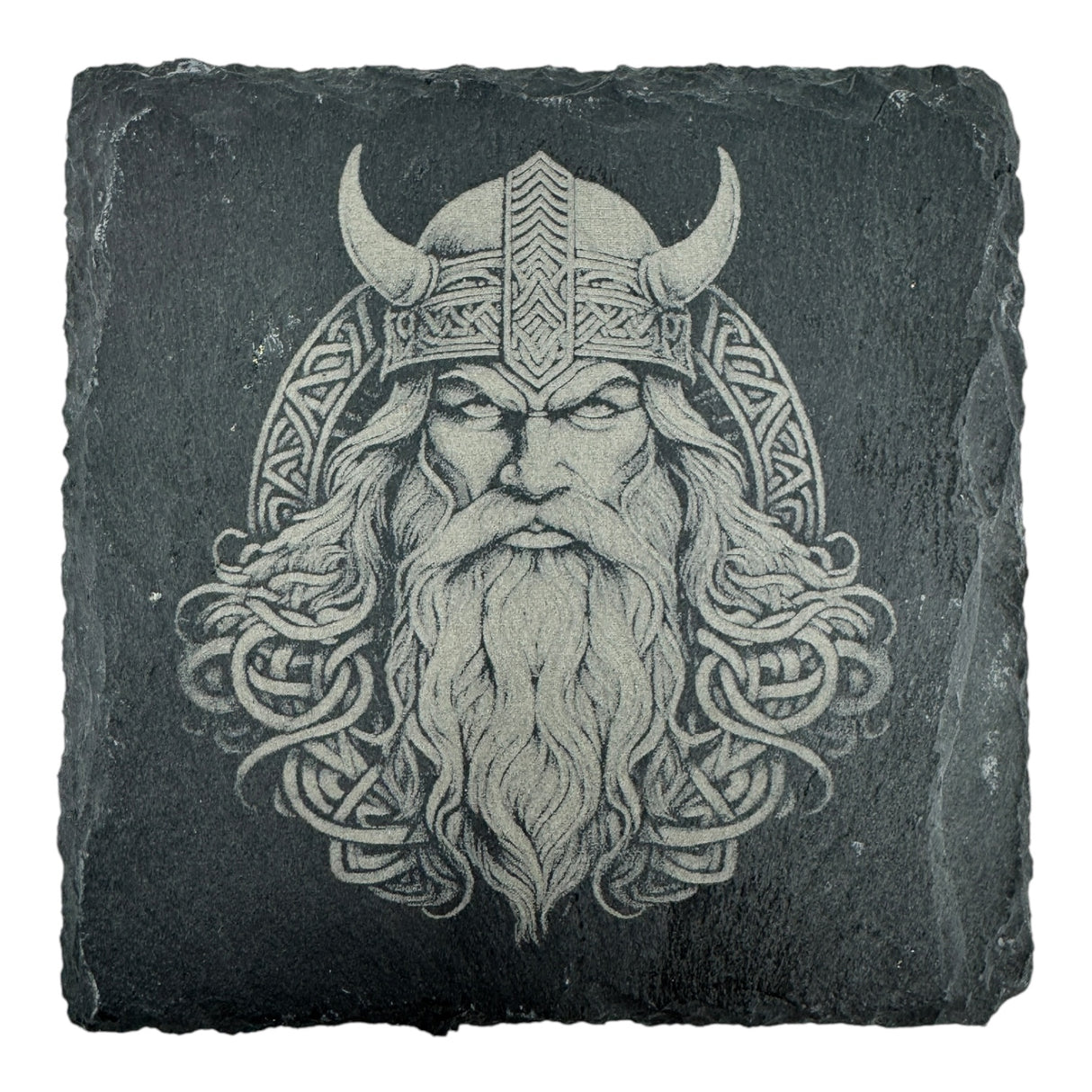 Engraved image of a Viking warrior with horned helmet and beard on a square slate coaster. The design, from the Coaster: Warrior, Viking Head - Celtic Viking Symbol Slate Coaster, is inspired by Norse mythology and Celtic Viking symbols.