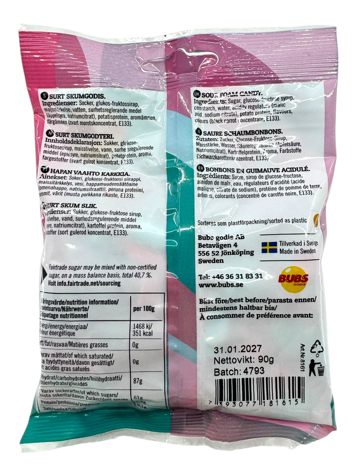 Back of Bubs Goody Sour Raspberry & Blueberry Ovals (90g) bag with ingredients, nutrition info, Fairtrade sugar, vegan label, multilingual text, contact details, barcode, expiration date.