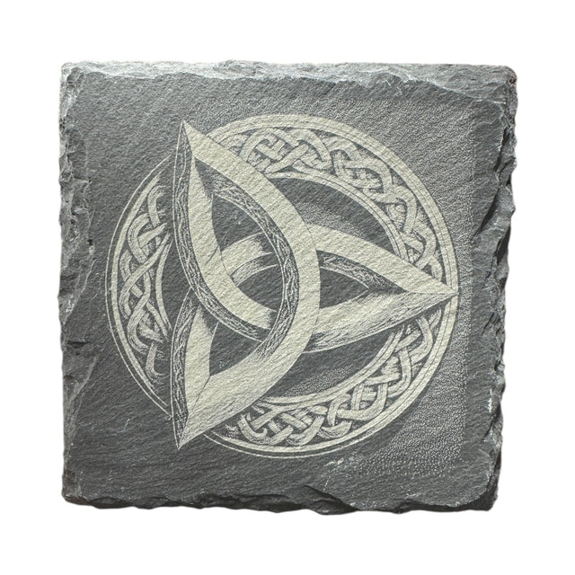 The Coaster: Triquetra - Celtic Viking Symbol Slate Coaster features a carved Celtic knot and central triquetra, blending classic Celtic motifs with Nordic style for a timeless accent.