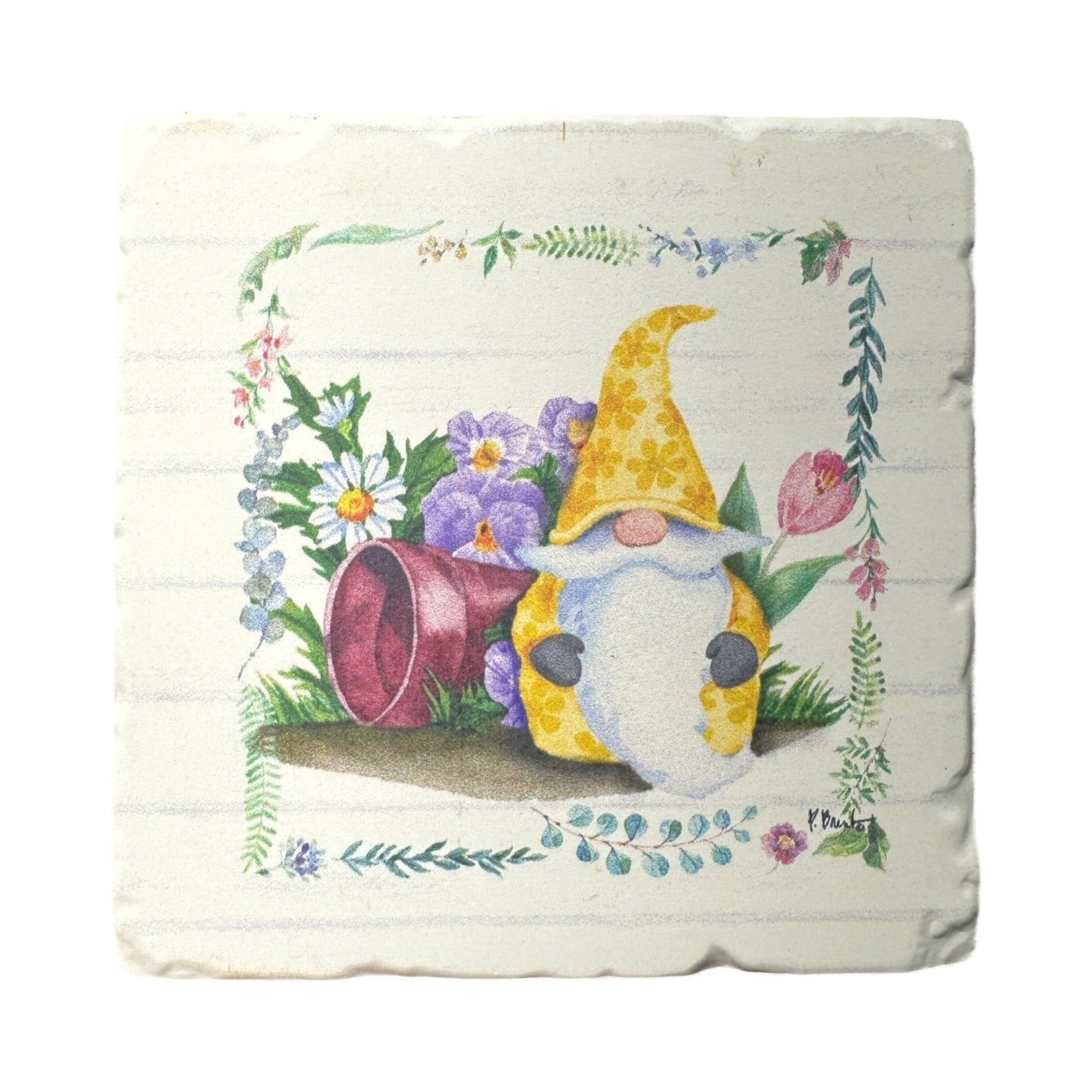 The Coaster: Spring Gnomes Tumbled Tile Coaster features a rustic gnome in a yellow hat, purple flowers, red flowerpot, and green leaf border—ideal as spring coasters or delightful absorbent stone accents. Available in yellow, blue, green, or pink.