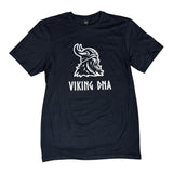 The Nordic Viking DNA Heritage Tee features a bold Viking helmet and beard graphic above VIKING DNA text—ideal for Norse mythology fans and heritage pride. Available in Black, Graphite, or Navy.