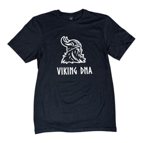 The Nordic Viking DNA Heritage Tee features a bold Viking helmet and beard graphic above VIKING DNA text—ideal for Norse mythology fans and heritage pride. Available in Black, Graphite, or Navy.