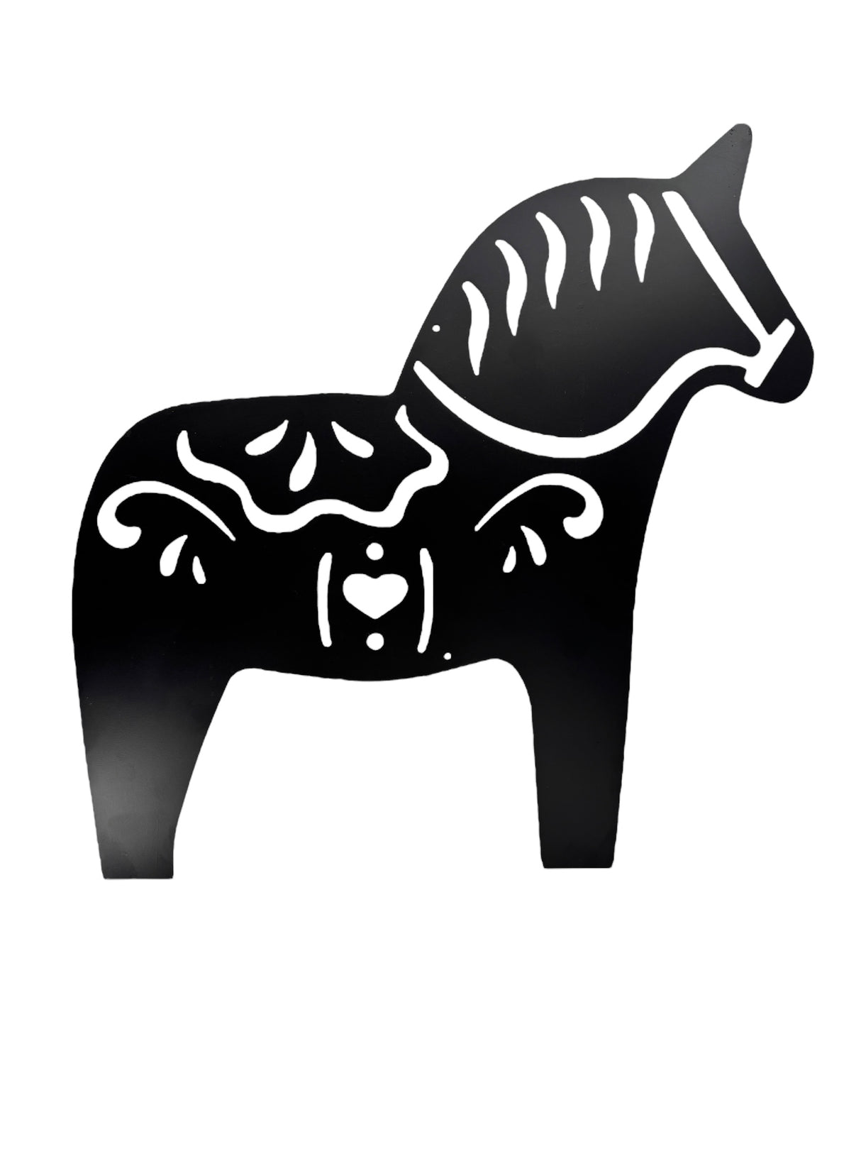 Matte black metal wall decor featuring a traditional Dala horse silhouette with white patterns (17 × 18)—ideal as Scandinavian wall art or a touch of Swedish heritage decor.