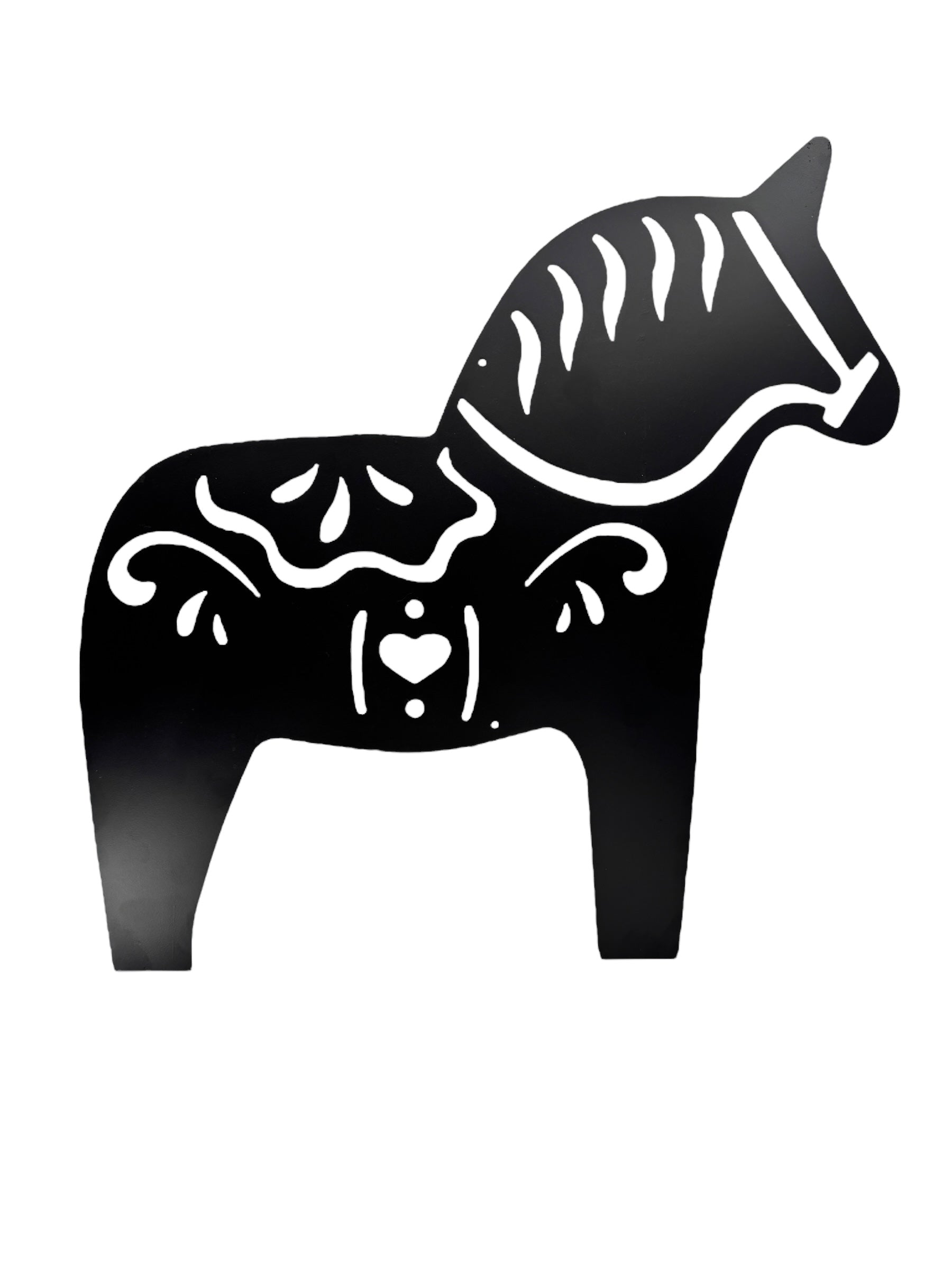 Matte black metal wall decor featuring a traditional Dala horse silhouette with white patterns (17 × 18)—ideal as Scandinavian wall art or a touch of Swedish heritage decor.