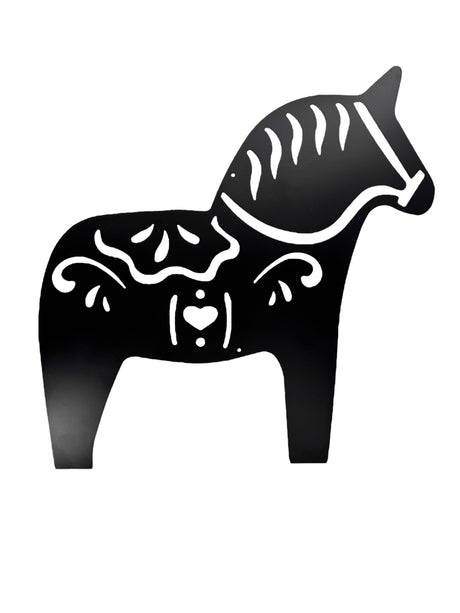 Matte black metal wall decor featuring a traditional Dala horse silhouette with white patterns (17 × 18)—ideal as Scandinavian wall art or a touch of Swedish heritage decor.