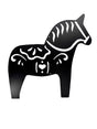 Matte black metal wall decor featuring a traditional Dala horse silhouette with white patterns (17 × 18)—ideal as Scandinavian wall art or a touch of Swedish heritage decor.