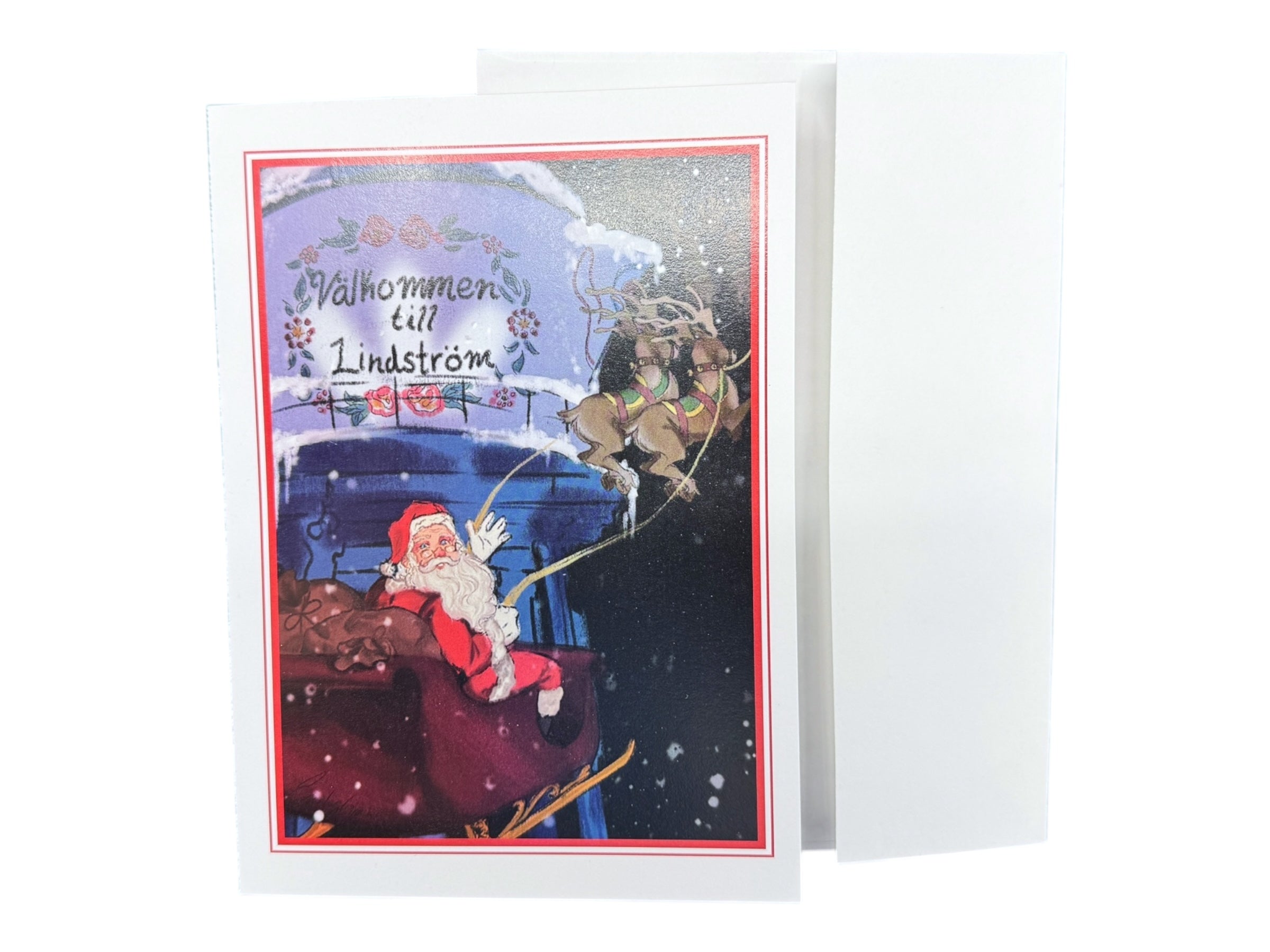 The “Card: Santa in Lindström – Holiday Greeting Card (5×7 in)” features Santa in a sleigh with reindeer and snow, passing a Välkommen till Lindström sign—highlighting Swedish heritage. Includes envelope.