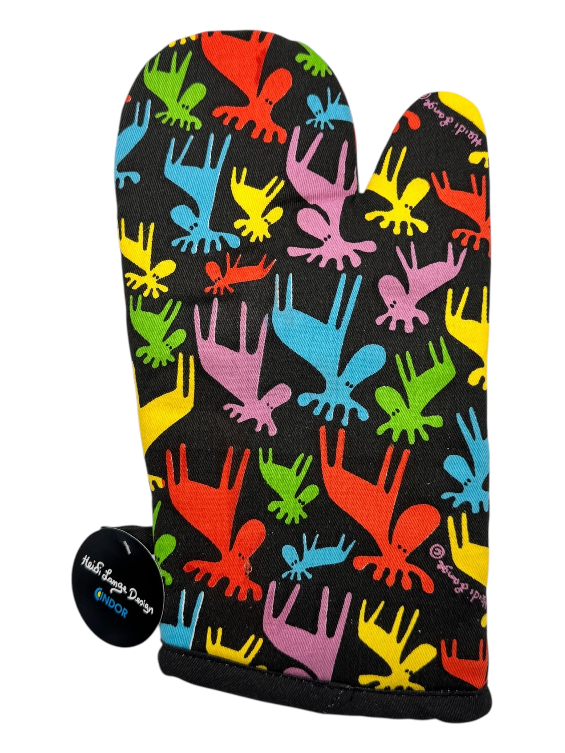 The Oven Mitt: Colorful Moose by Heidi Lange Design is a black Scandinavian mitt with vibrant abstract moose shapes—ideal for bringing playful color to your Nordic kitchen decor.
