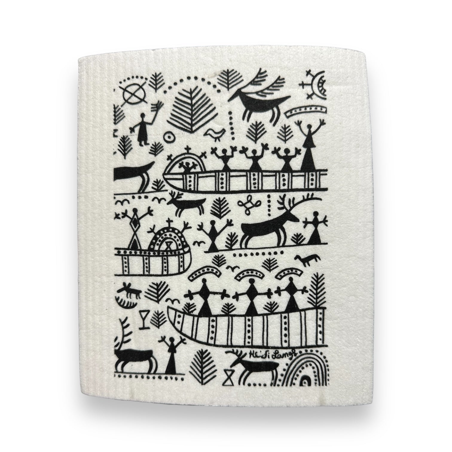 The Sami Designs by Heidi Lange Dish Cloth showcases black illustrations of reindeer, geometric shapes, and trees against a white background. This eco-friendly option is stylish and highly absorbent, making it perfect for all your cleaning needs.