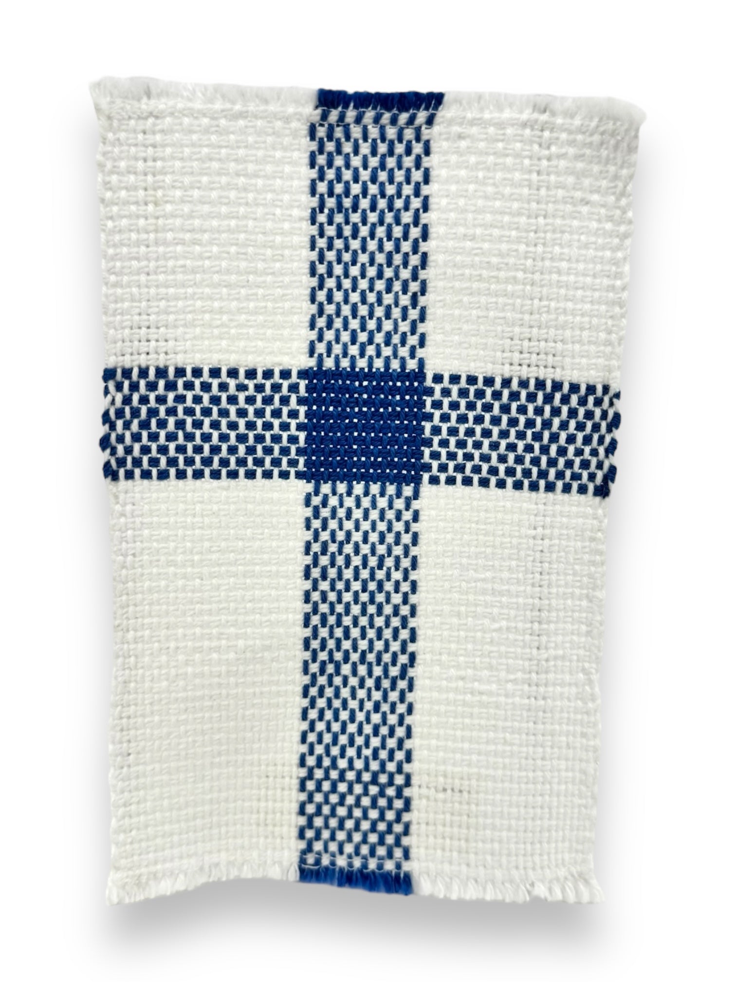 A hand-woven, 100% cotton patch designed to resemble the Finland Flag Coaster, featuring a blue cross on a white background and measuring 6.5"x4".