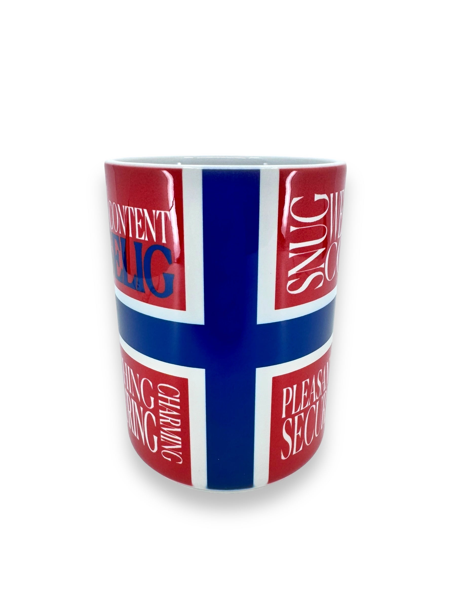 A 15oz mug named "Mug: Scandinavian Motto 'Koselig'" featuring a Union Jack-inspired design with red, blue, and black text on a white background, bringing warmth to your morning coffee experience.