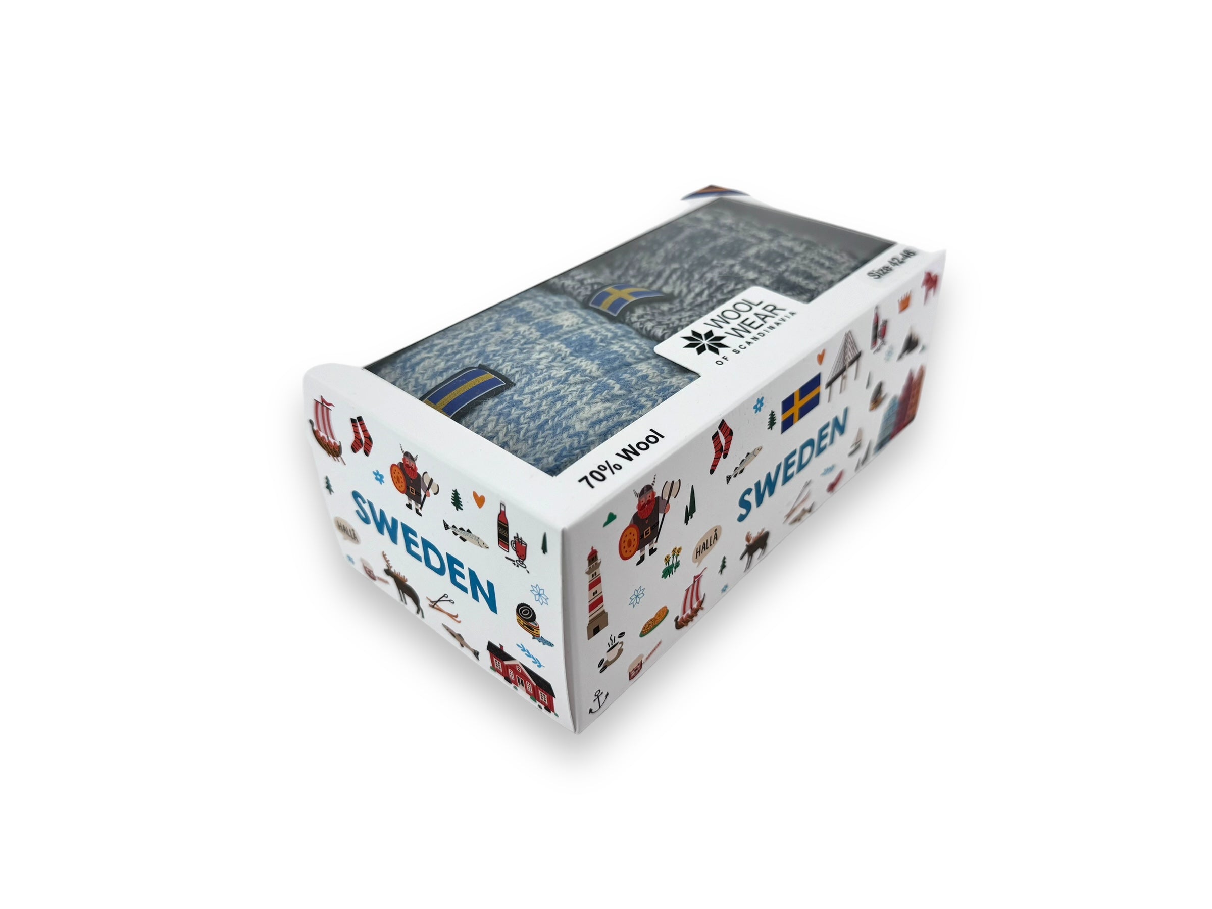 Gift box featuring the Wool Wear 2-Pack of wool socks with Sweden text and Nordic-themed illustrations, perfectly capturing the Scandinavian spirit.