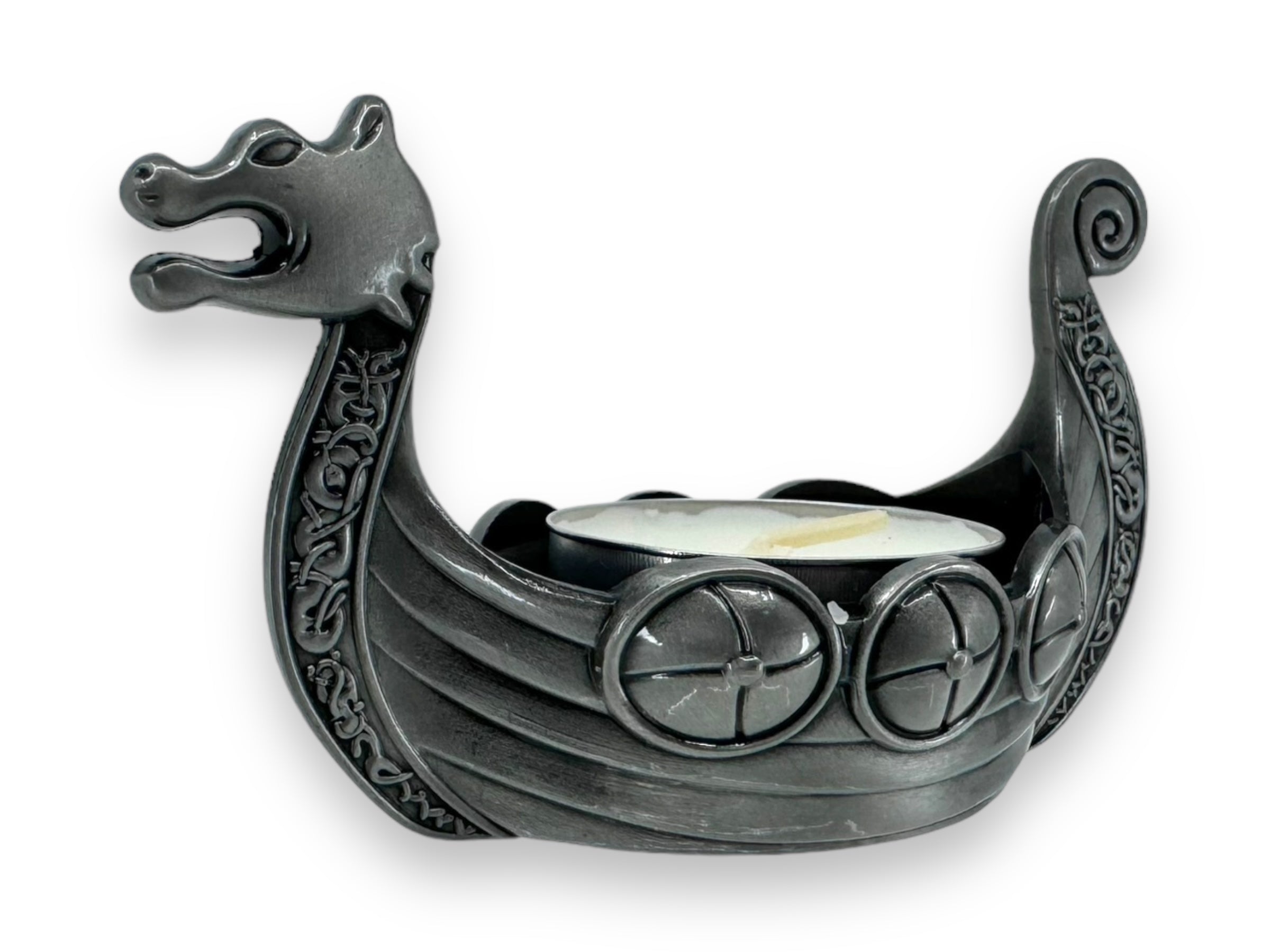 Dragon Head Pewter Viking Ship Candle Holder, featuring intricate carvings and a tealight candle space.