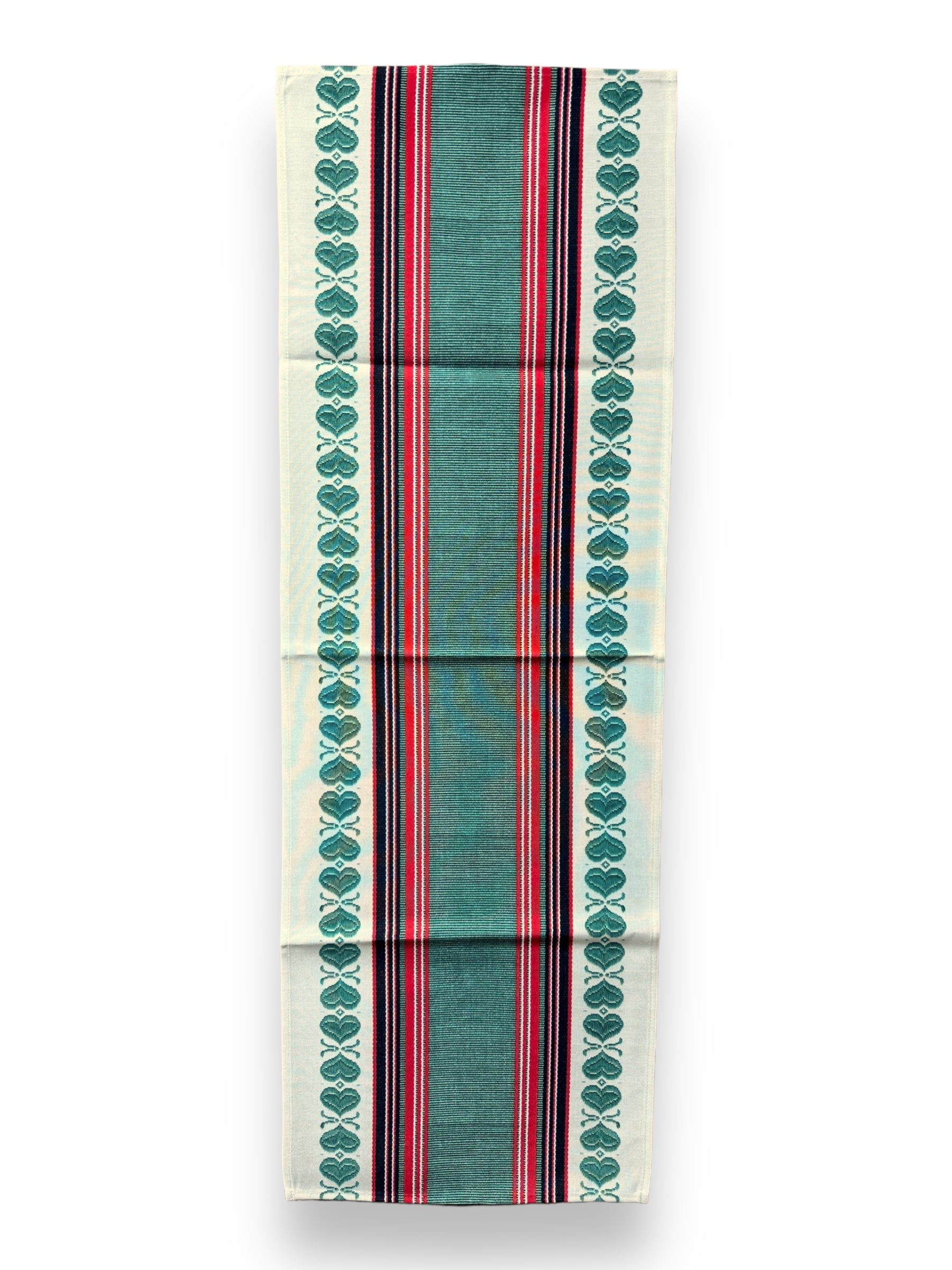 The "Runner: Hearts Green 36"" is a Swedish fabric that showcases a rectangular textile design with a central green stripe, bordered by red and black stripes, adorned with intricate green patterns on a cream background. Expertly woven in Sweden, it combines exquisite craftsmanship with durable poly fibers.