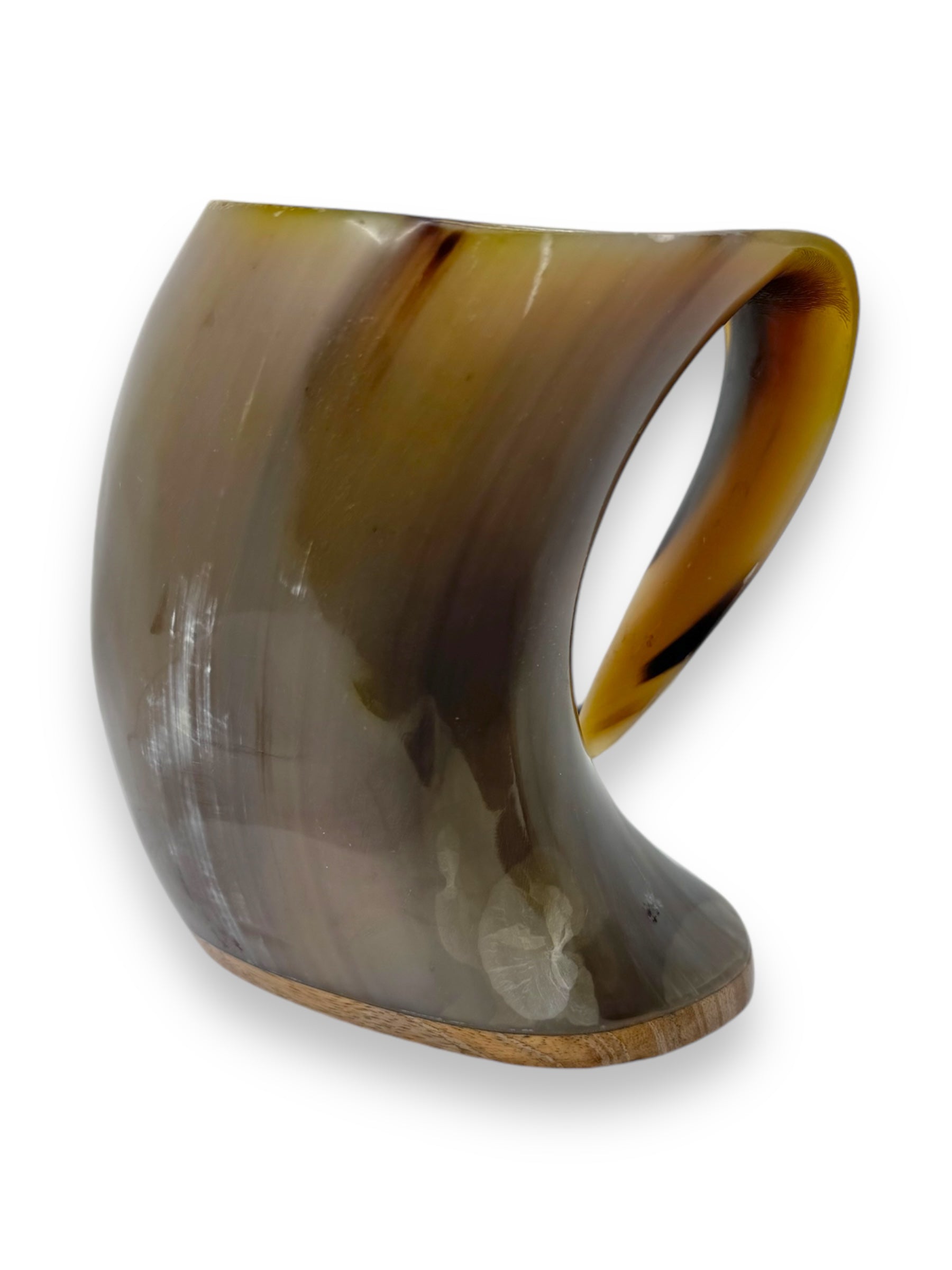 A smooth, brown Horn: Viking Drinking Horn Beer Mug with a handle, shaped like an ox horn and displayed on a white background.