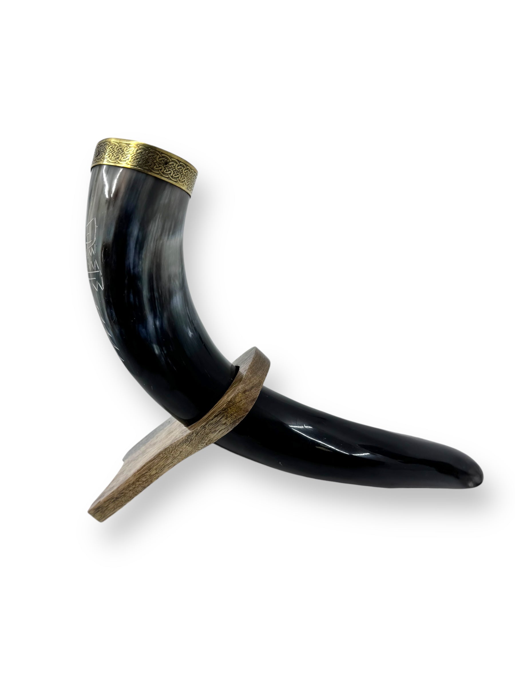 The Viking Drinking Horn Fenrir, featuring a gleaming brass rim lining, is elegantly displayed on its wooden stand, capturing the fierce spirit associated with its name.