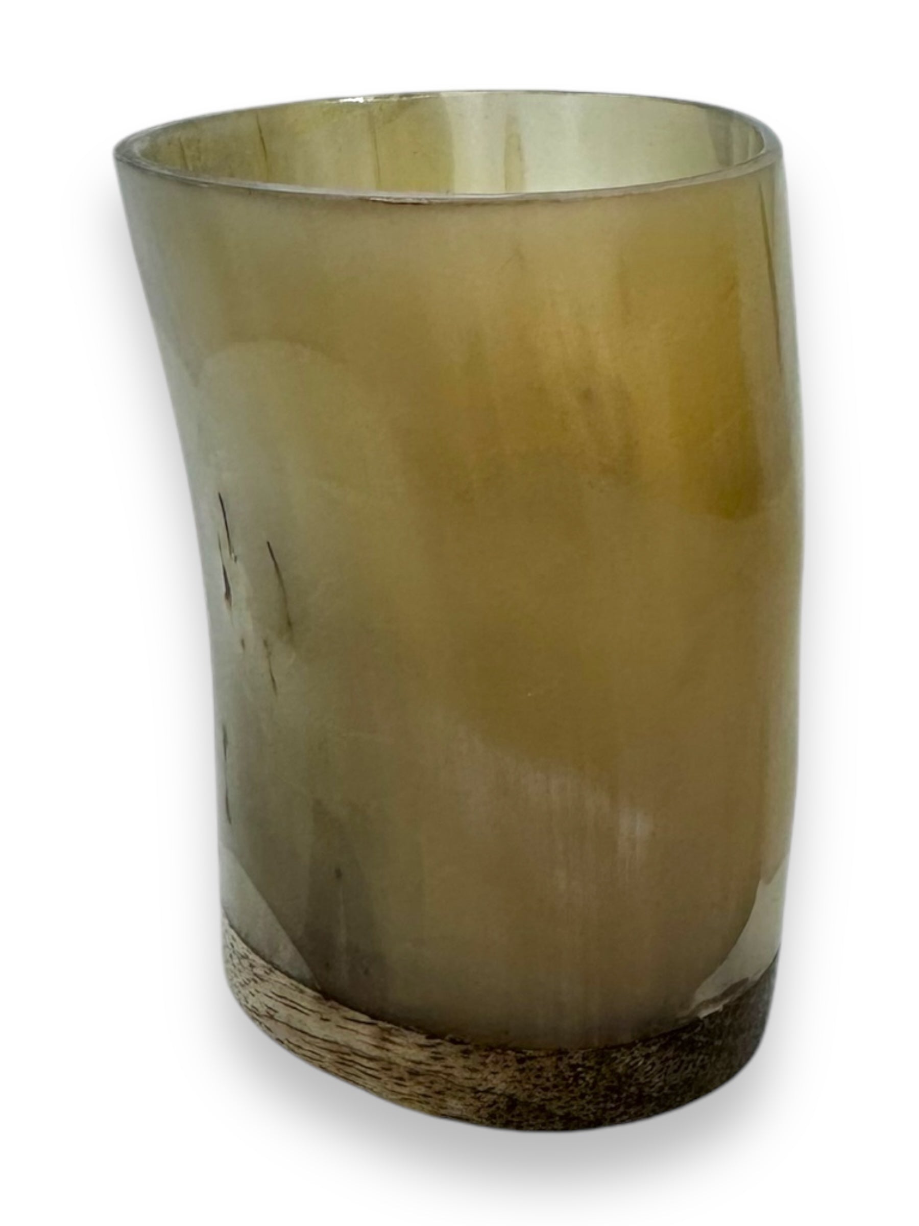 The "Horn: Viking Drinking Horn Shot Glass" is a cylindrical, translucent brown glass designed to resemble a genuine ox horn, complete with an irregular shape and a flat base.