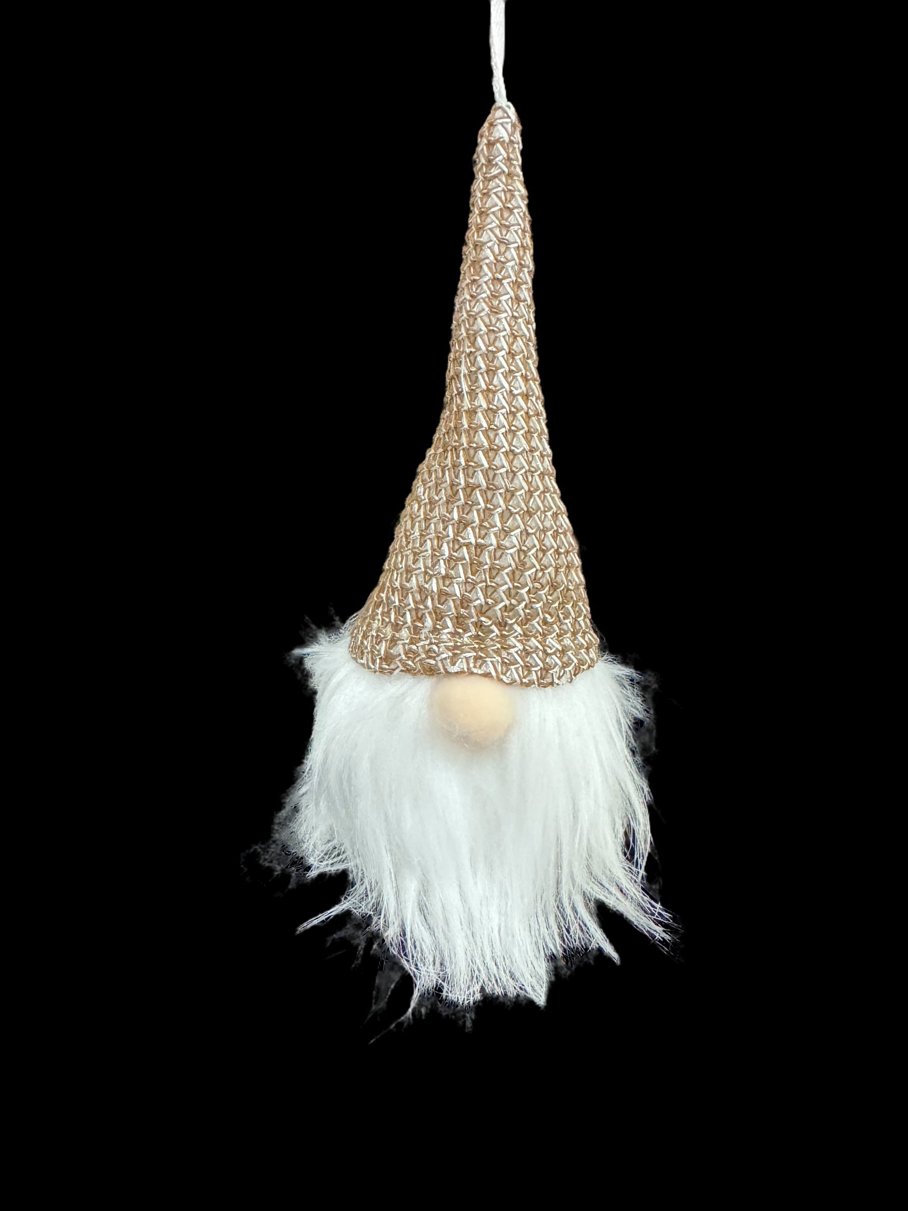 A delightful Ornament: Light Up Tomte Gnome featuring a knitted tan hat and a white fluffy beard against a black background, offered in three colors.